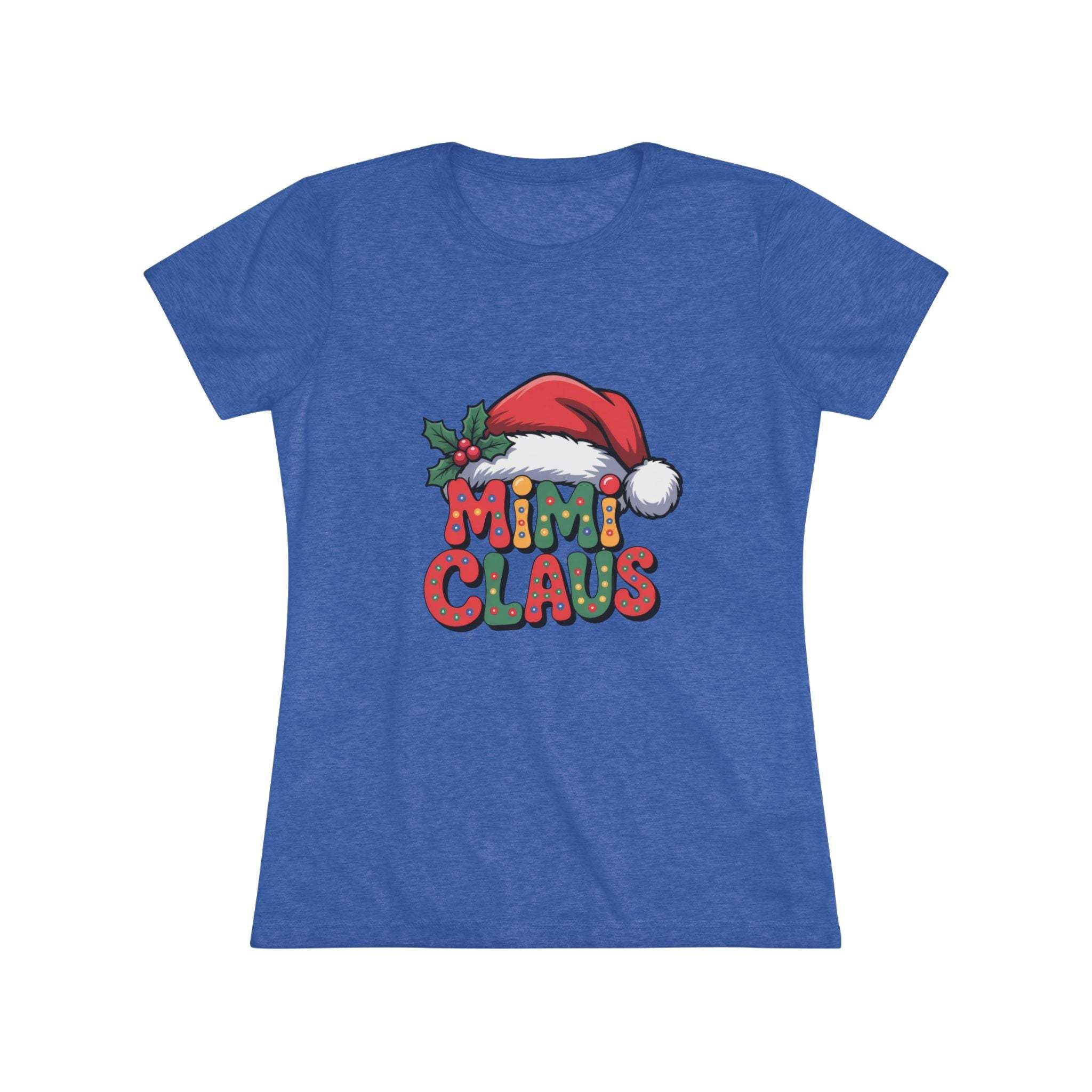 Women T-shirt with festive Mimi Claus design and Santa hat in soft triblend fabric for Christmas holiday