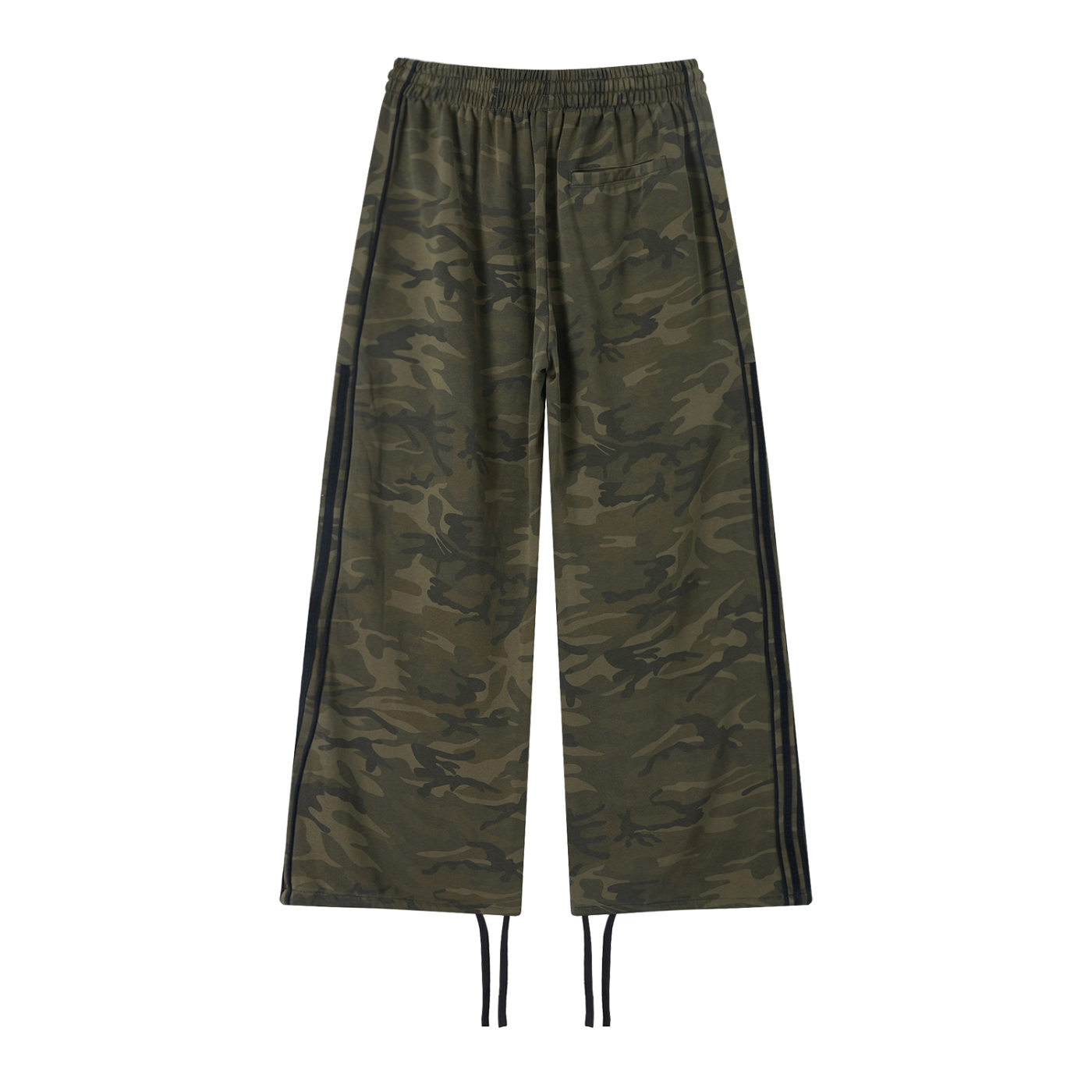 Unisex camo wide leg sweatpants with elastic waistband and black side webbing in olive green streetwear style