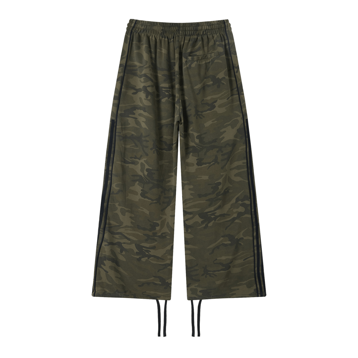 Unisex camo wide leg sweatpants with elastic waistband and black side webbing in olive green streetwear style