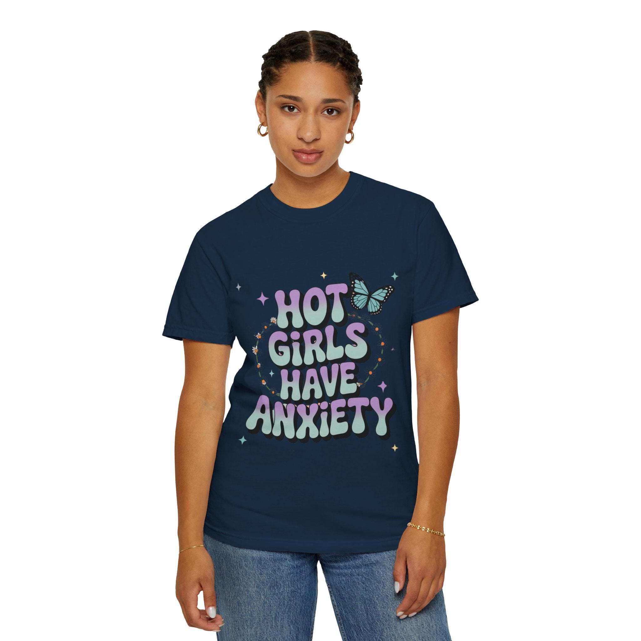 Navy blue unisex t-shirt with "Hot Girls Have Anxiety" text and butterfly graphic, casual cotton tee for everyday wear