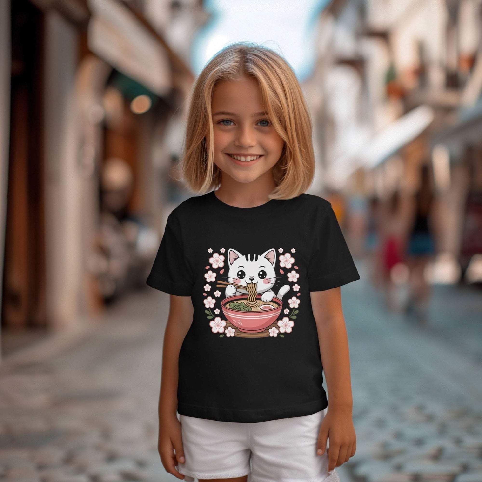 Kawaii cat eating ramen on youth short sleeve tee shirt
