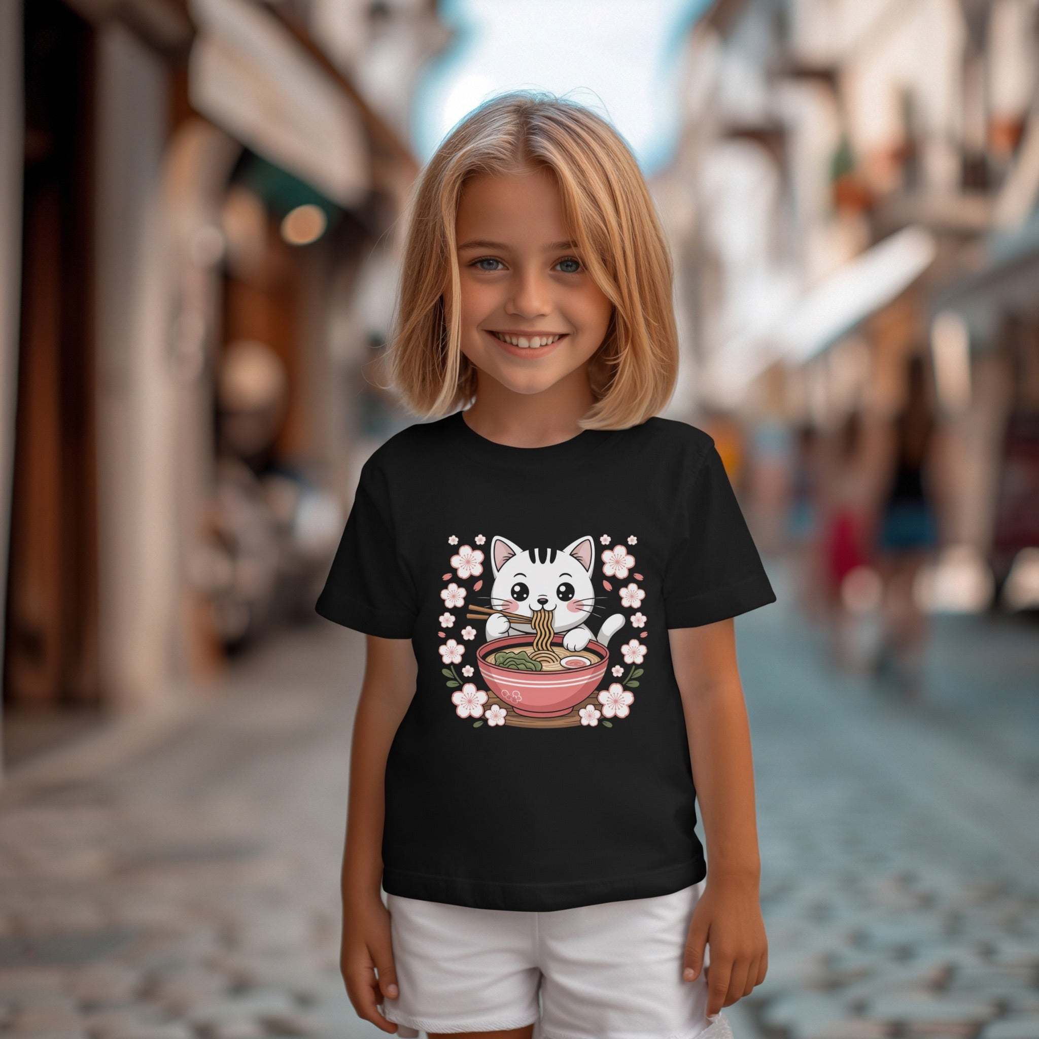 Youth tee with kawaii cat eating ramen bowl, cute anime noodle shirt