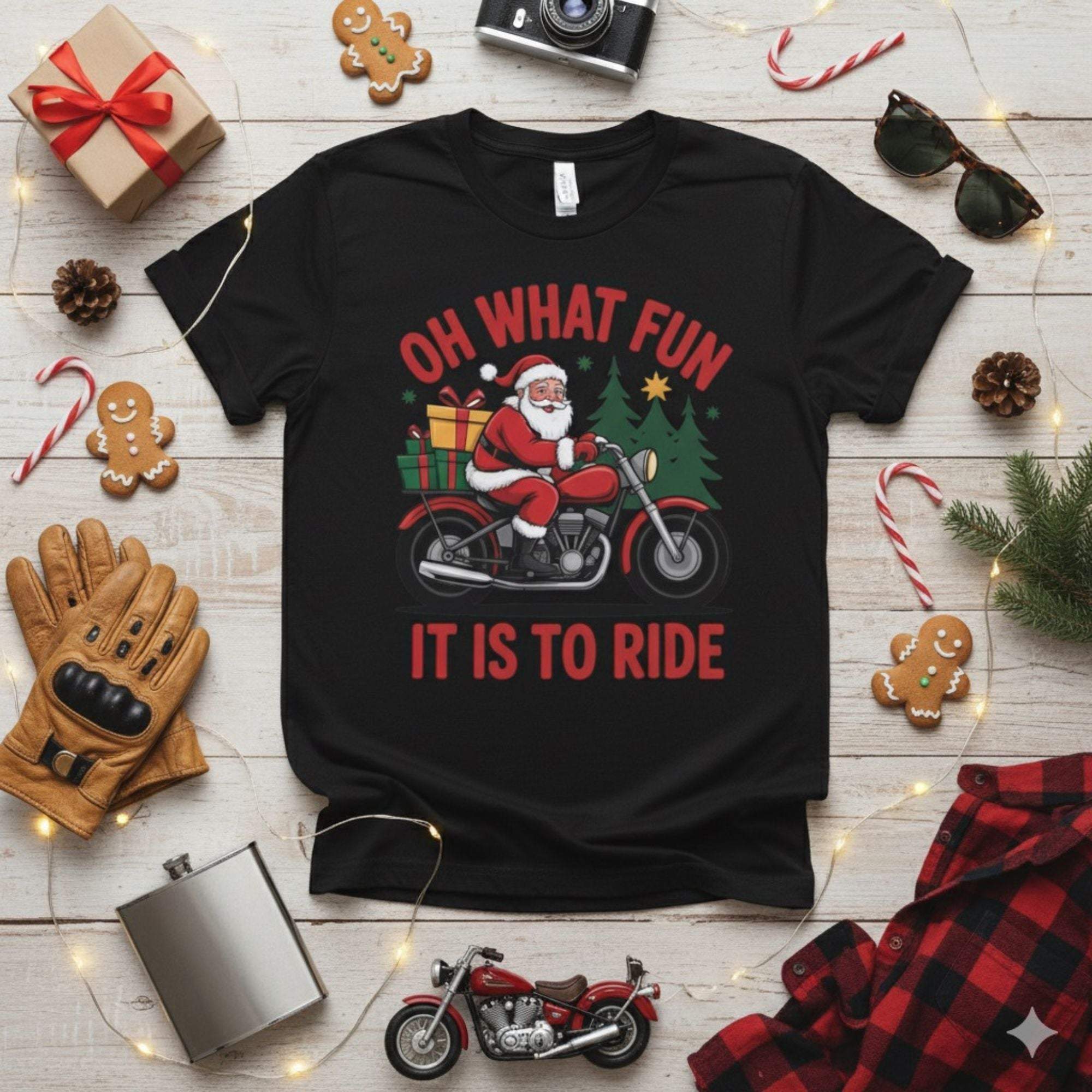Black Santa On A Motorcycle Christmas t-shirt with festive holiday design and red text "Oh What Fun It Is To Ride"