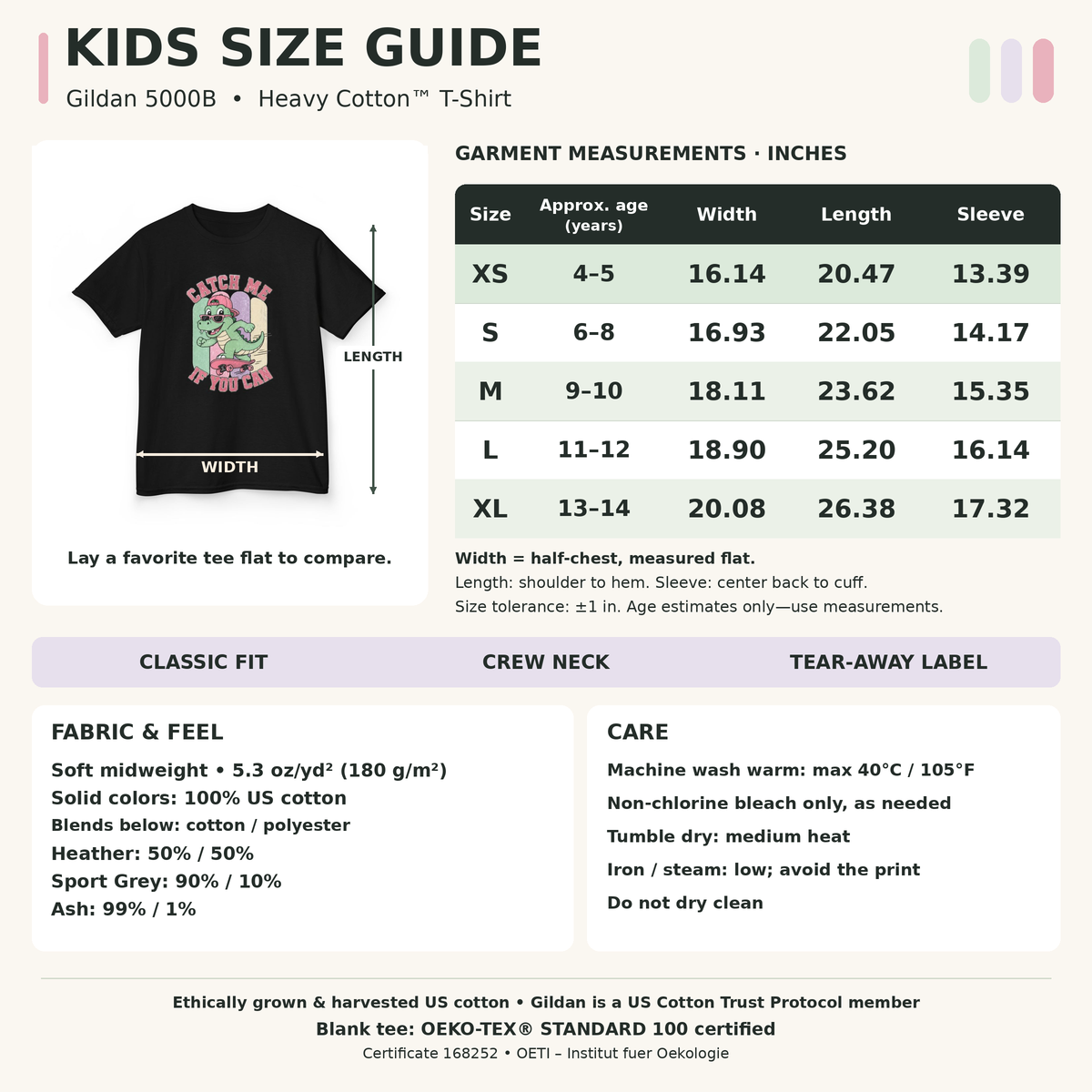 Gildan 5000B kids dinosaur T-shirt size chart showing XS–XL garment measurements in inches, estimated ages, fabric blends, and care.