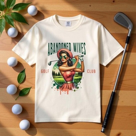 Vintage unisex t-shirt with abandoned wives golf club design featuring a retro woman golfer illustration on cream fabric