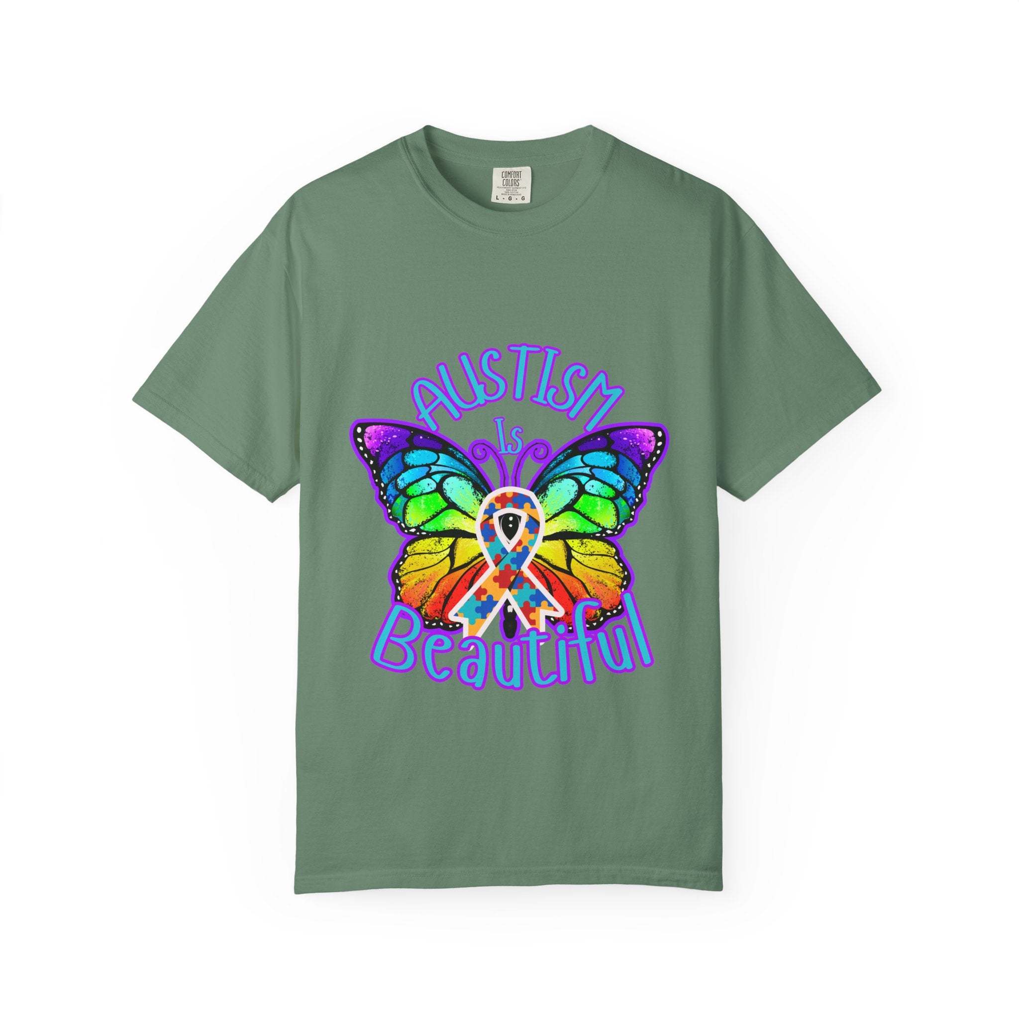 Green Autism is Beautiful T-shirt with colorful butterfly and autism awareness ribbon design