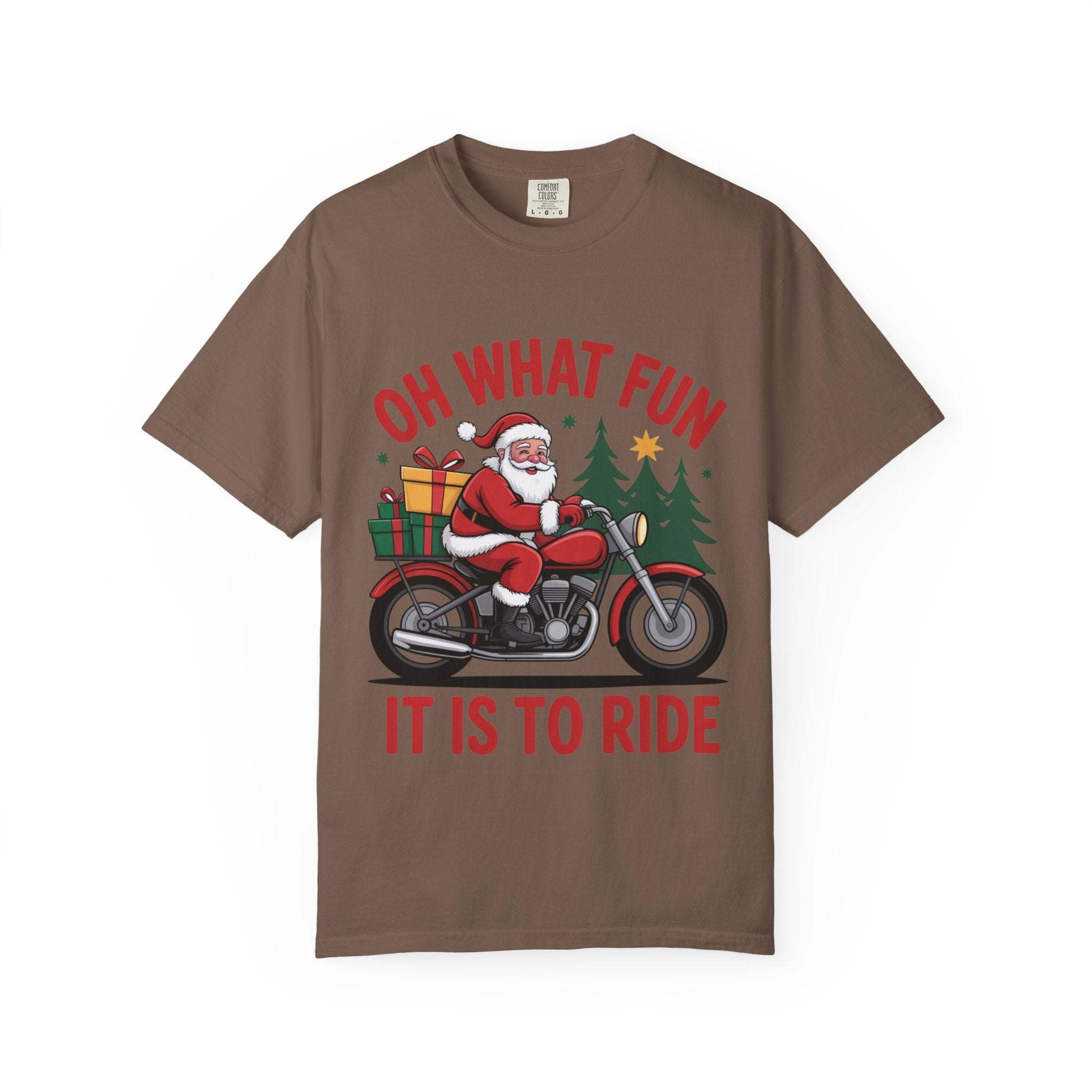 Brown t-shirt with Santa on a motorcycle and festive holiday design