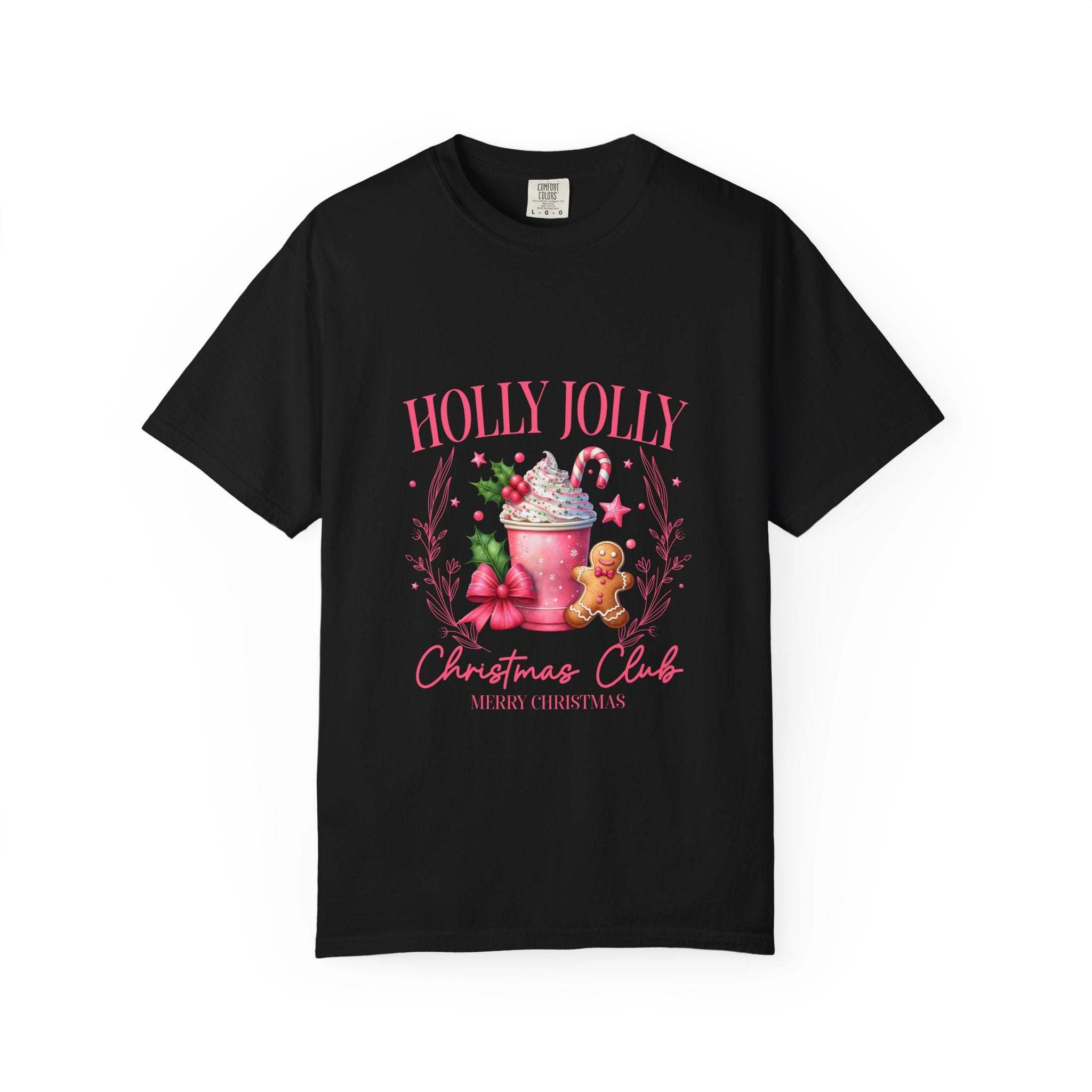Black Christmas T-Shirt with "Holly Jolly Christmas Club" festive design featuring holiday treats and decorations