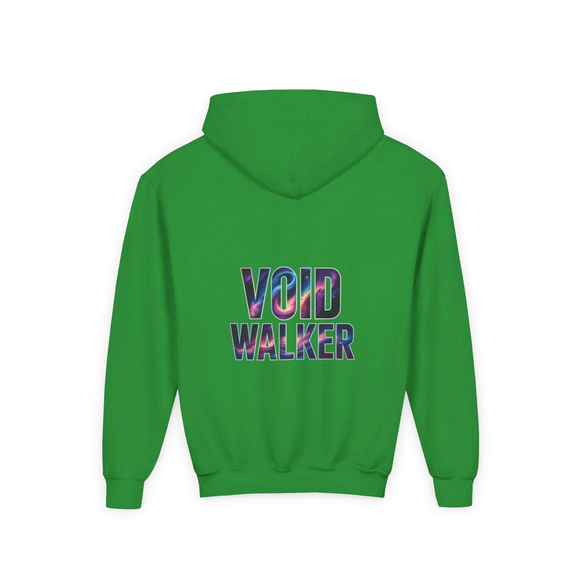 Green galaxy hoodie for kids with Void Walker space print on back