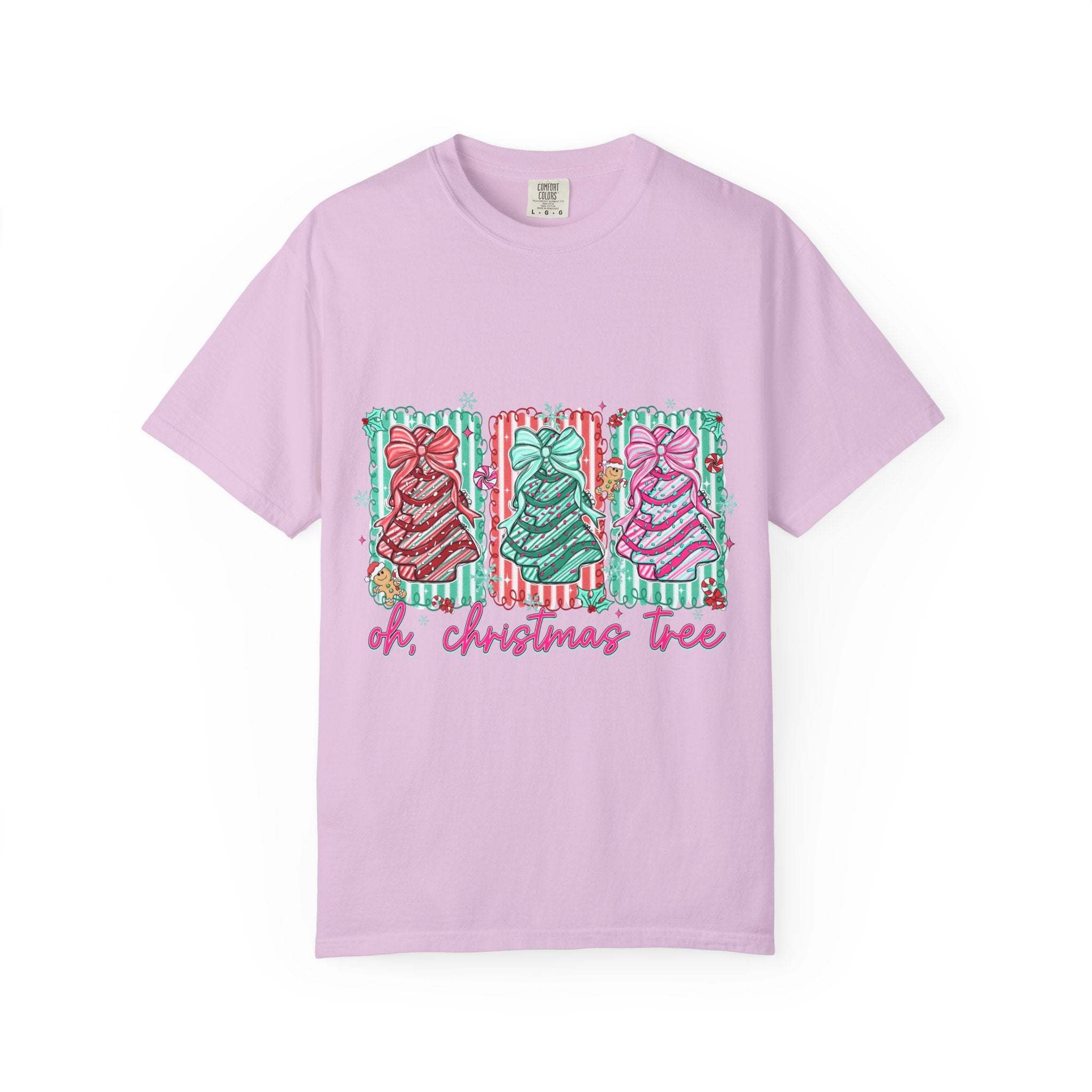 Preppy Oh Christmas Tree T-shirt with colorful decorated Christmas trees on a lavender garment-dyed fabric