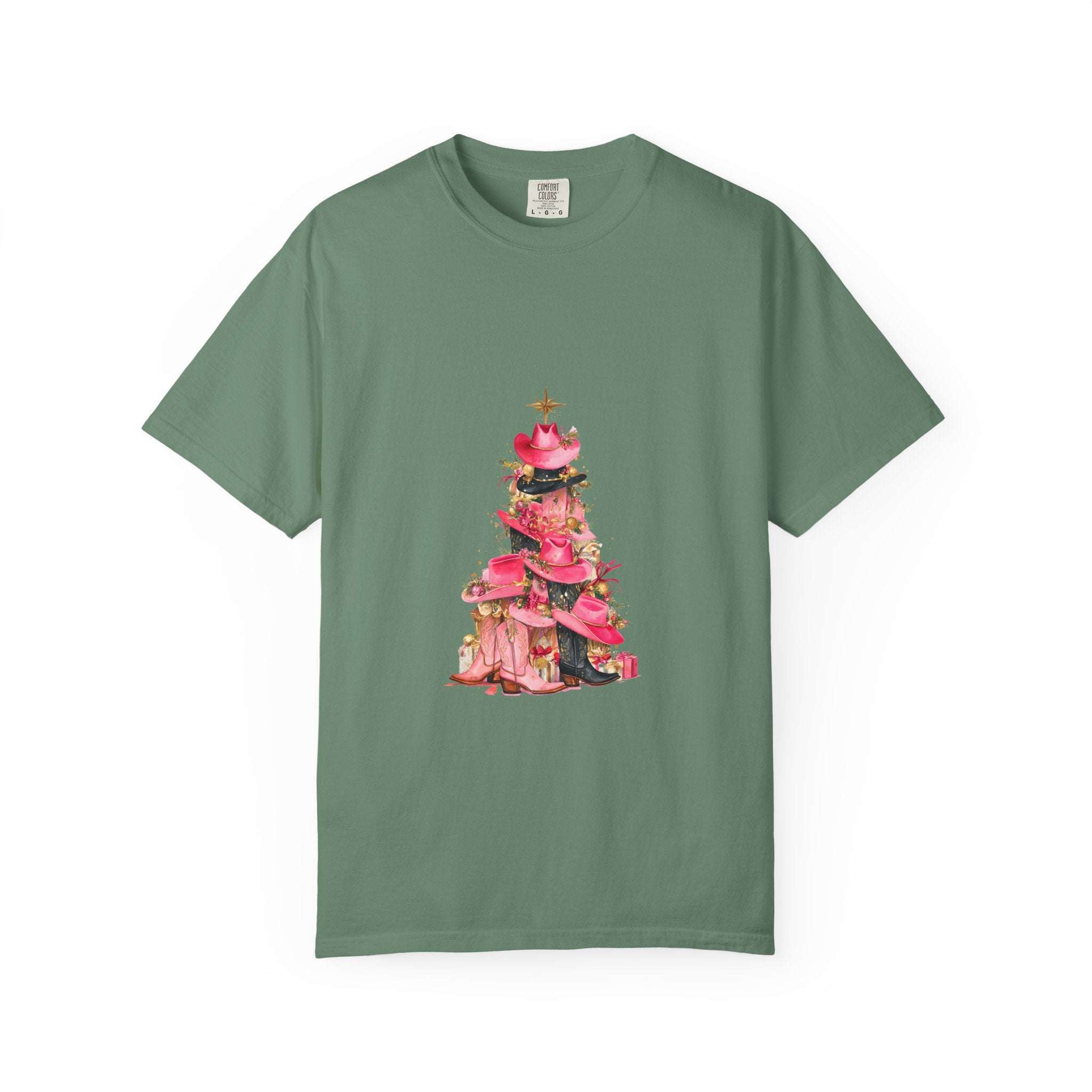 Pepper-colored Cowgirl Christmas Tree T-shirt with festive design, perfect for holiday western apparel.