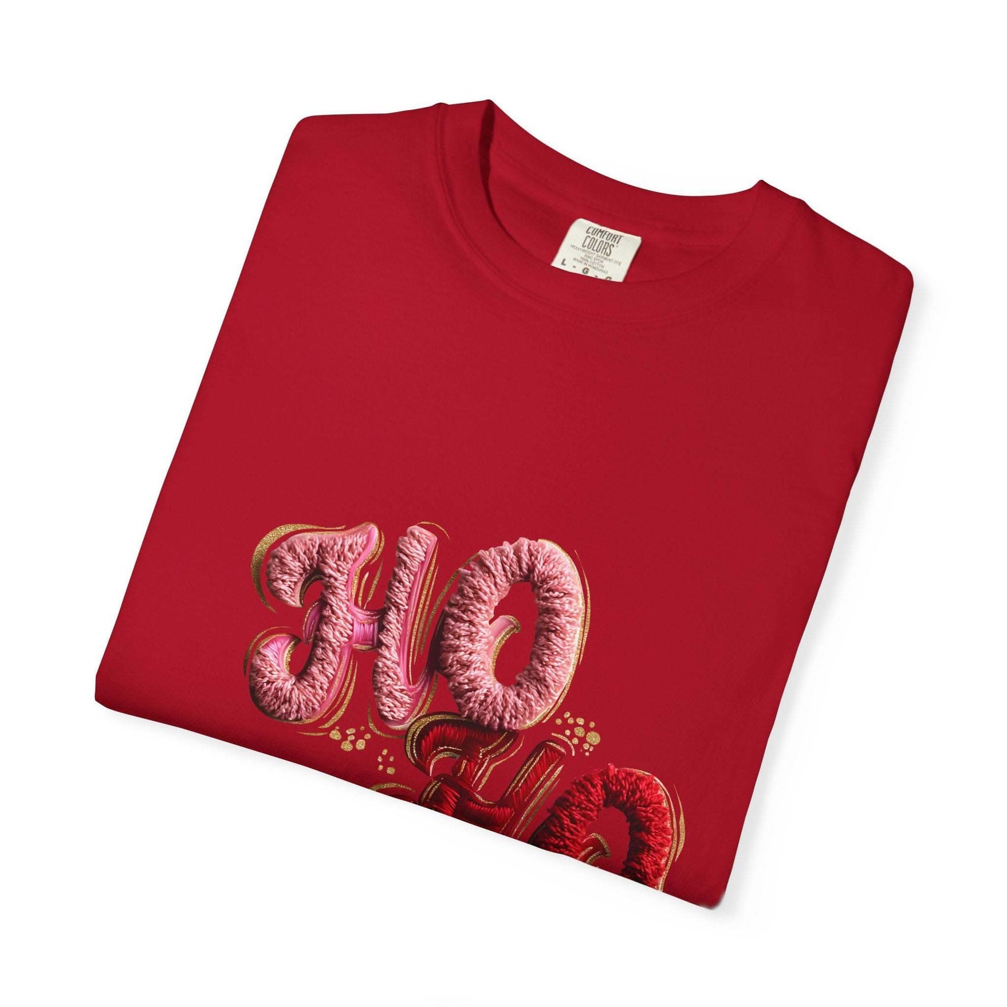 White Christmas graphic tee featuring faux puffy crochet 'Ho, Ho, Ho' design by Printify