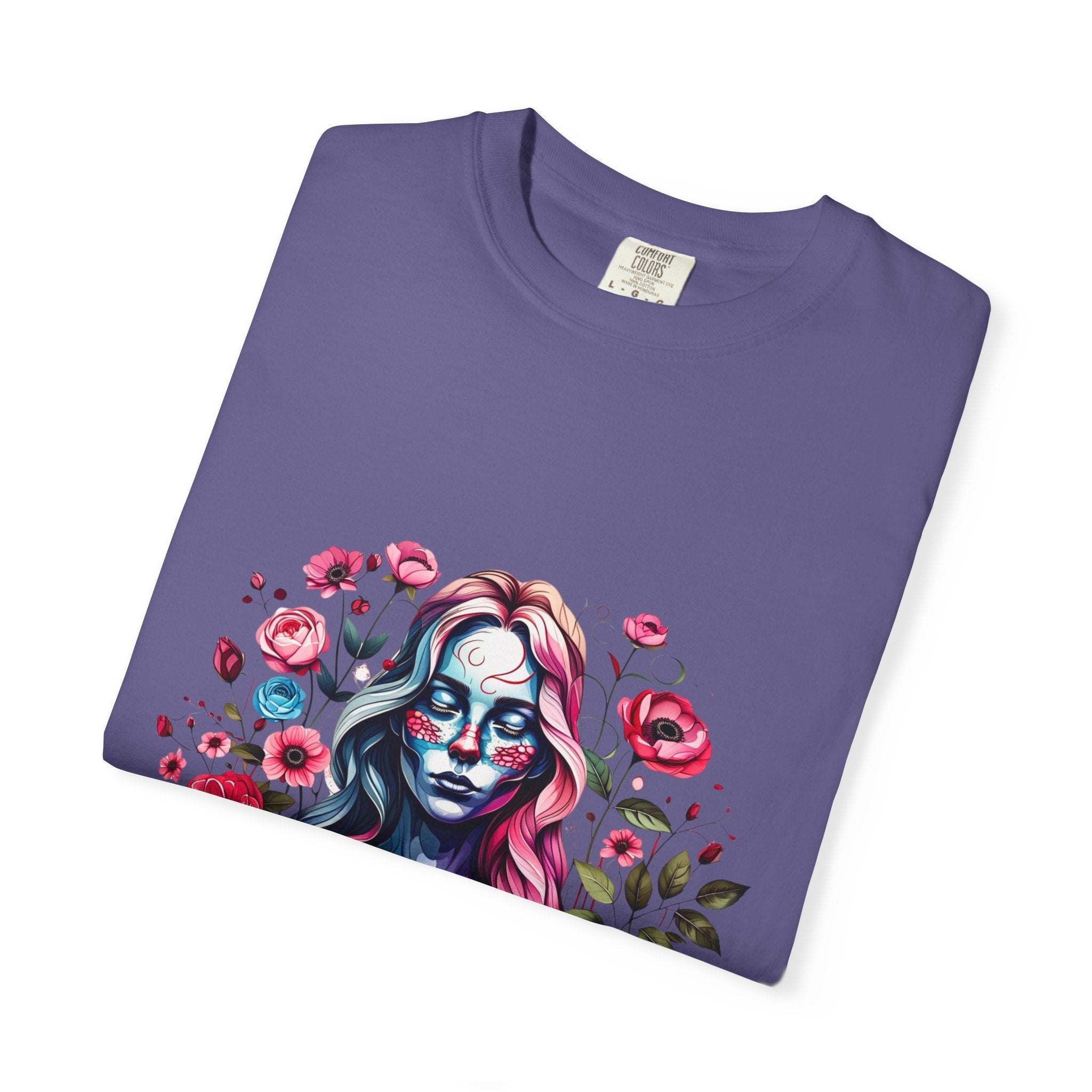 Purple Soft Everyday Tee with elegant floral skeleton print featuring a spooky female face and colorful flowers Floral Skeleton T-shirt