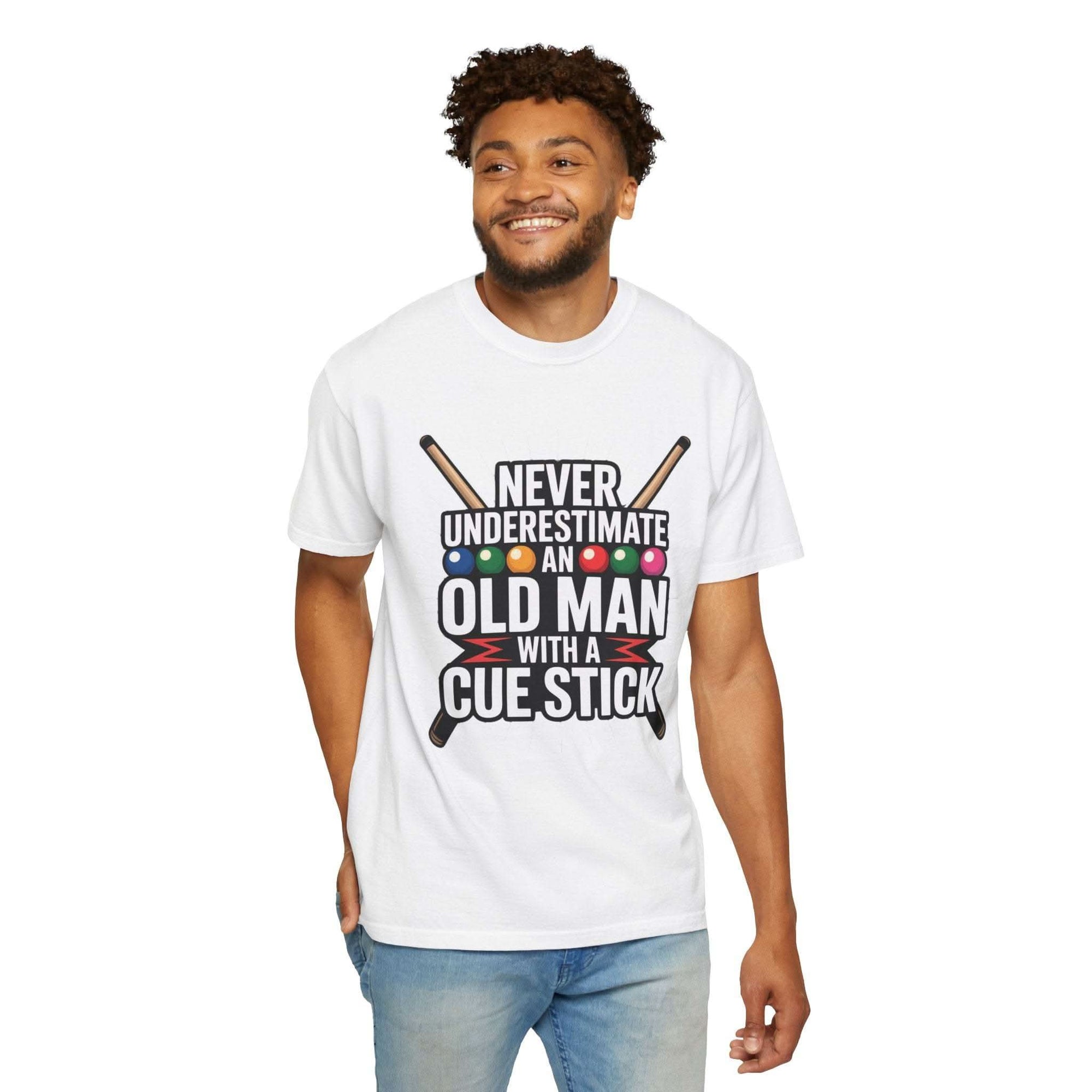 Man wearing white Never Underestimate An Old Man With A Pool Cue T-Shirt with cue sticks and pool balls design