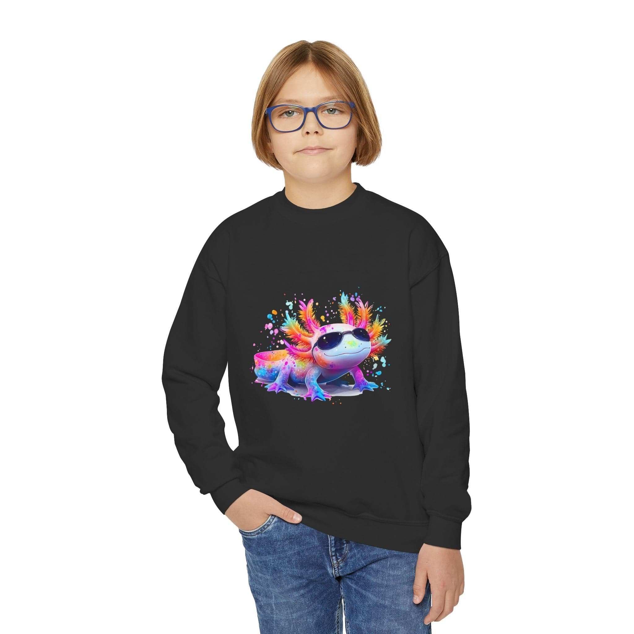 Rainbow axolotl illustration on maroon children's sweatshirt by Printify