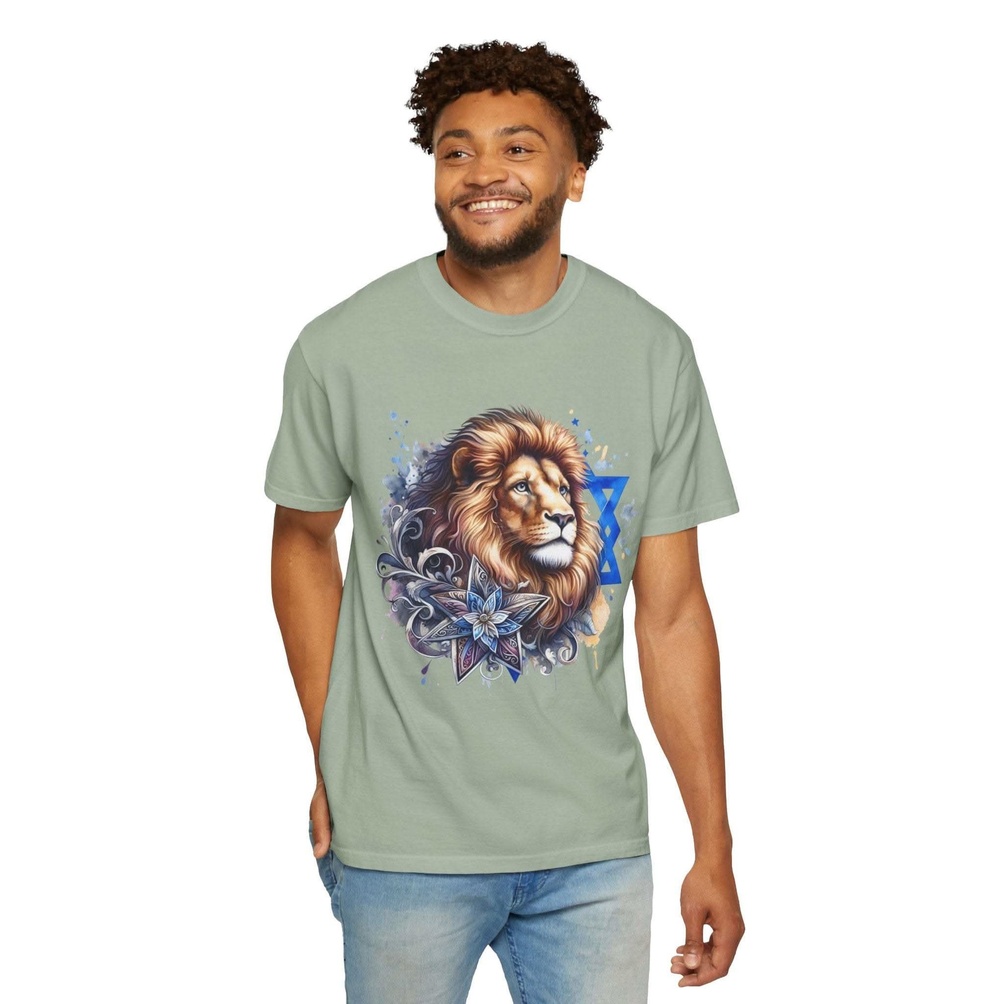 Lion of Judah T-Shirt with bold chest graphic symbolizing Jewish pride and resilience on a soft garment-dyed cotton tee