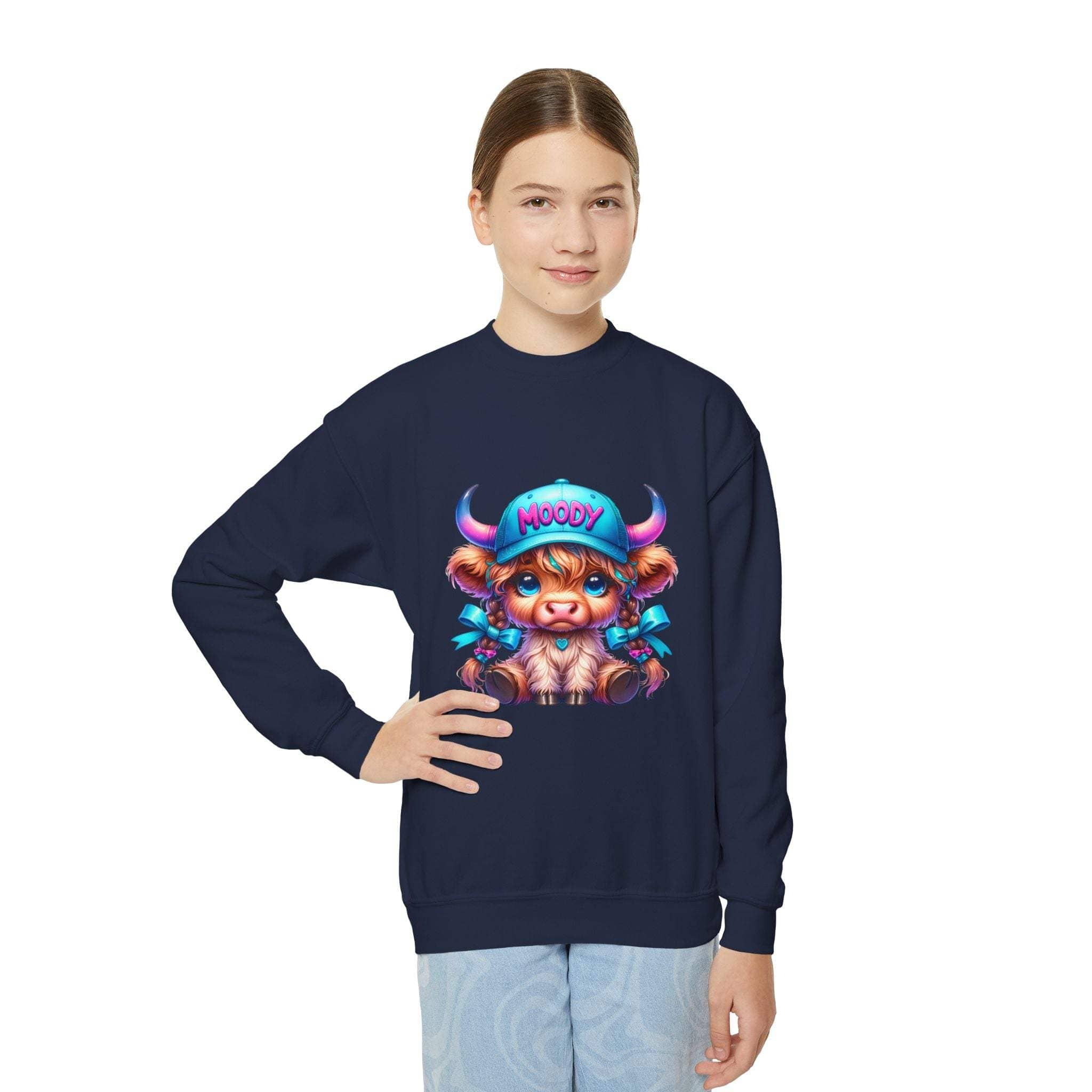Youth wearing Moody Girl Highland Cow navy sweatshirt with colorful cartoon cow design