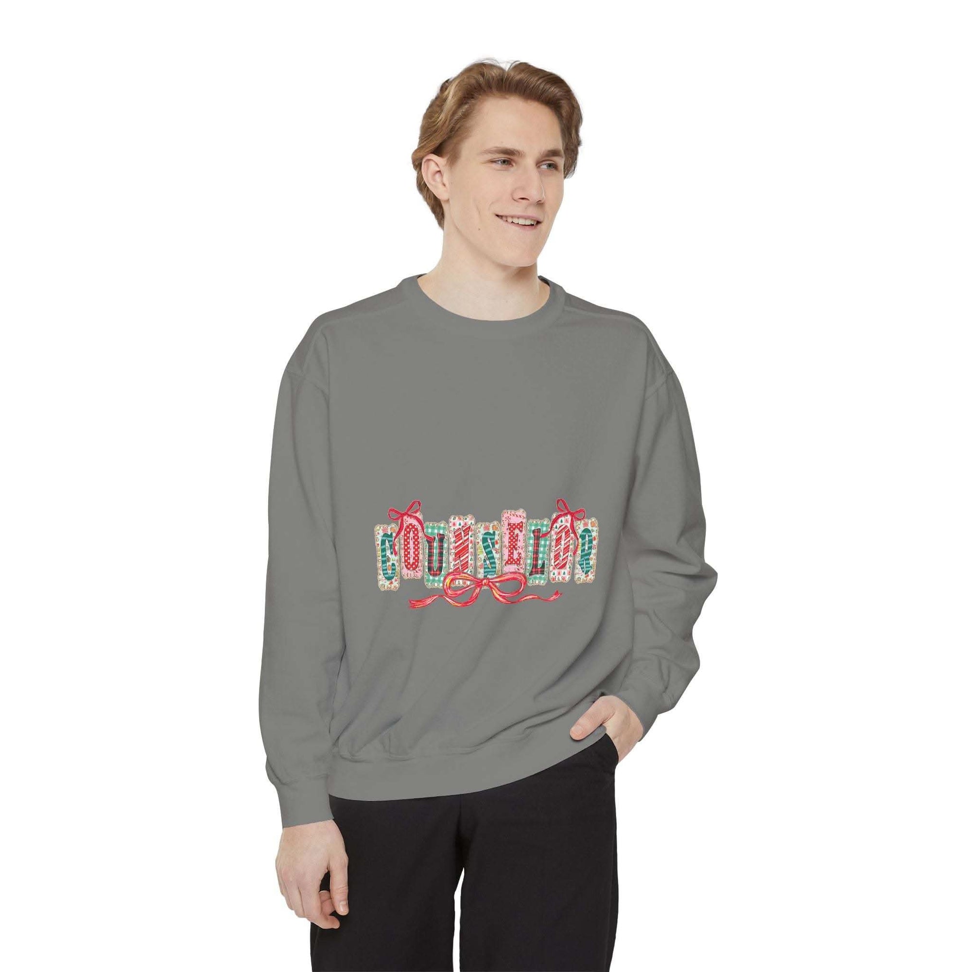 Garment-dyed True Navy sweatshirt with festive Christmas design, perfect for holiday gifting, by Printify