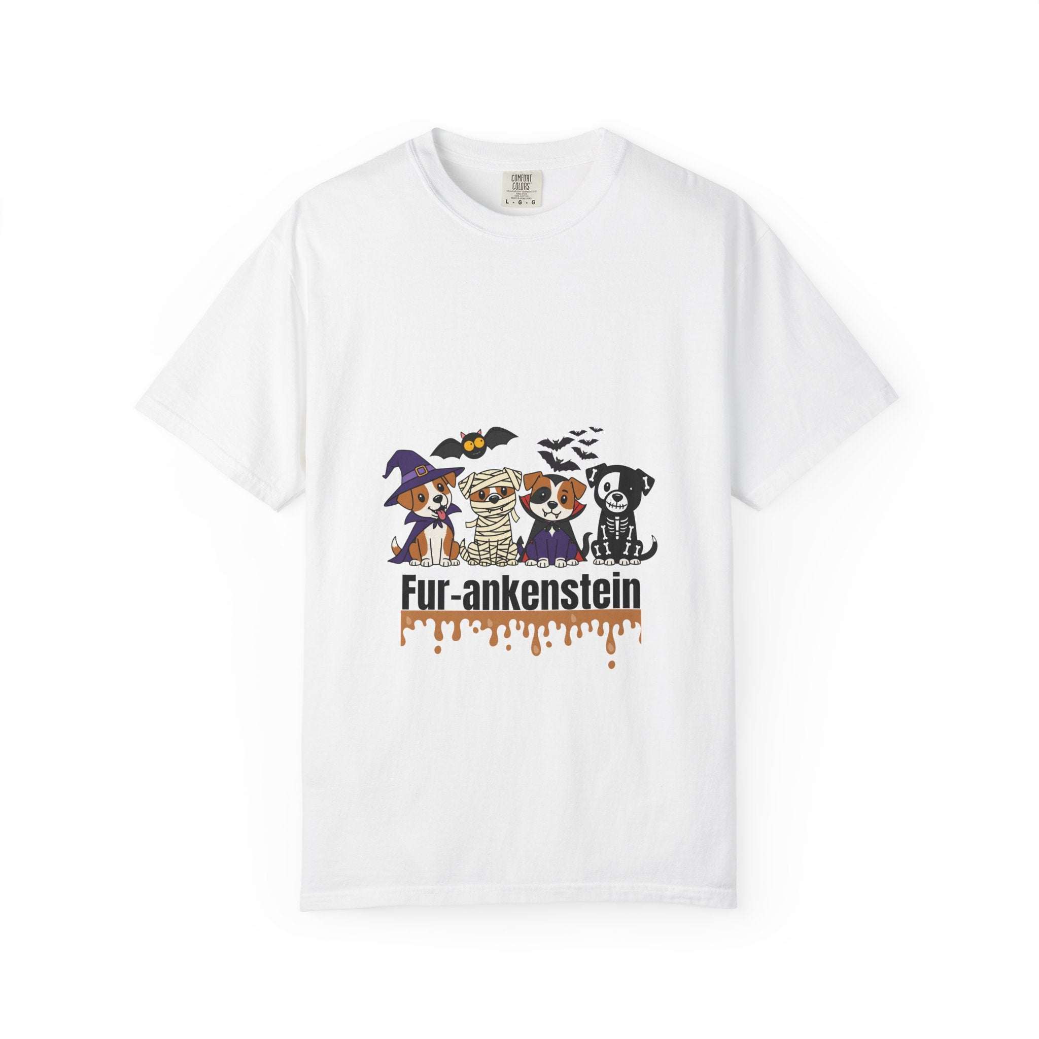 White Puppies Halloween T-shirt with puppies in Halloween costumes and "Fur-ankenstein" text design