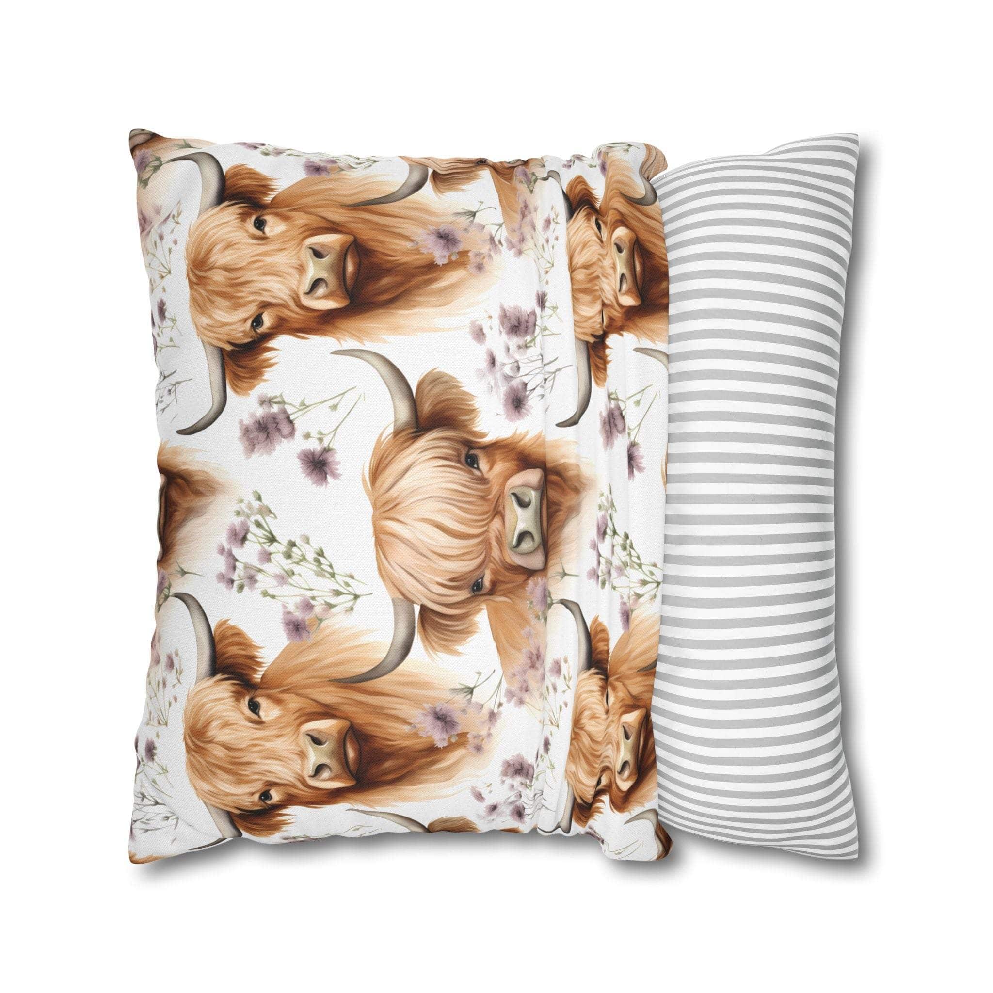 Floral Highland Cow decorative pillowcase with delicate blooms and double-sided print on soft fabric