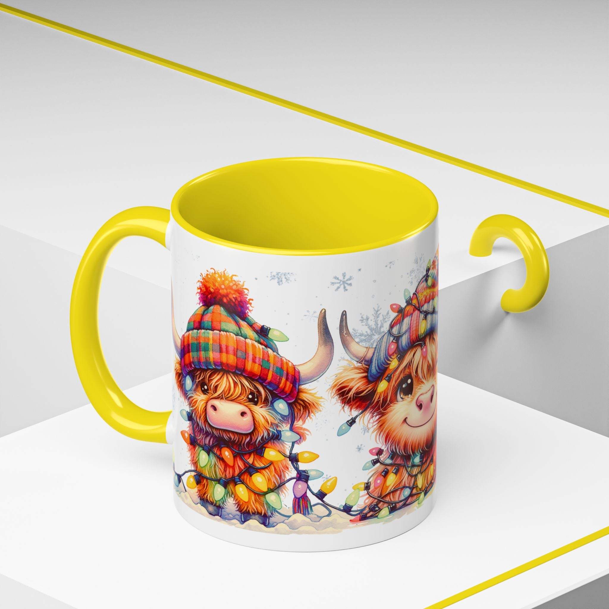 Mug with yellow interior and handle featuring a design of a Highland cow and a person in a tartan hat.