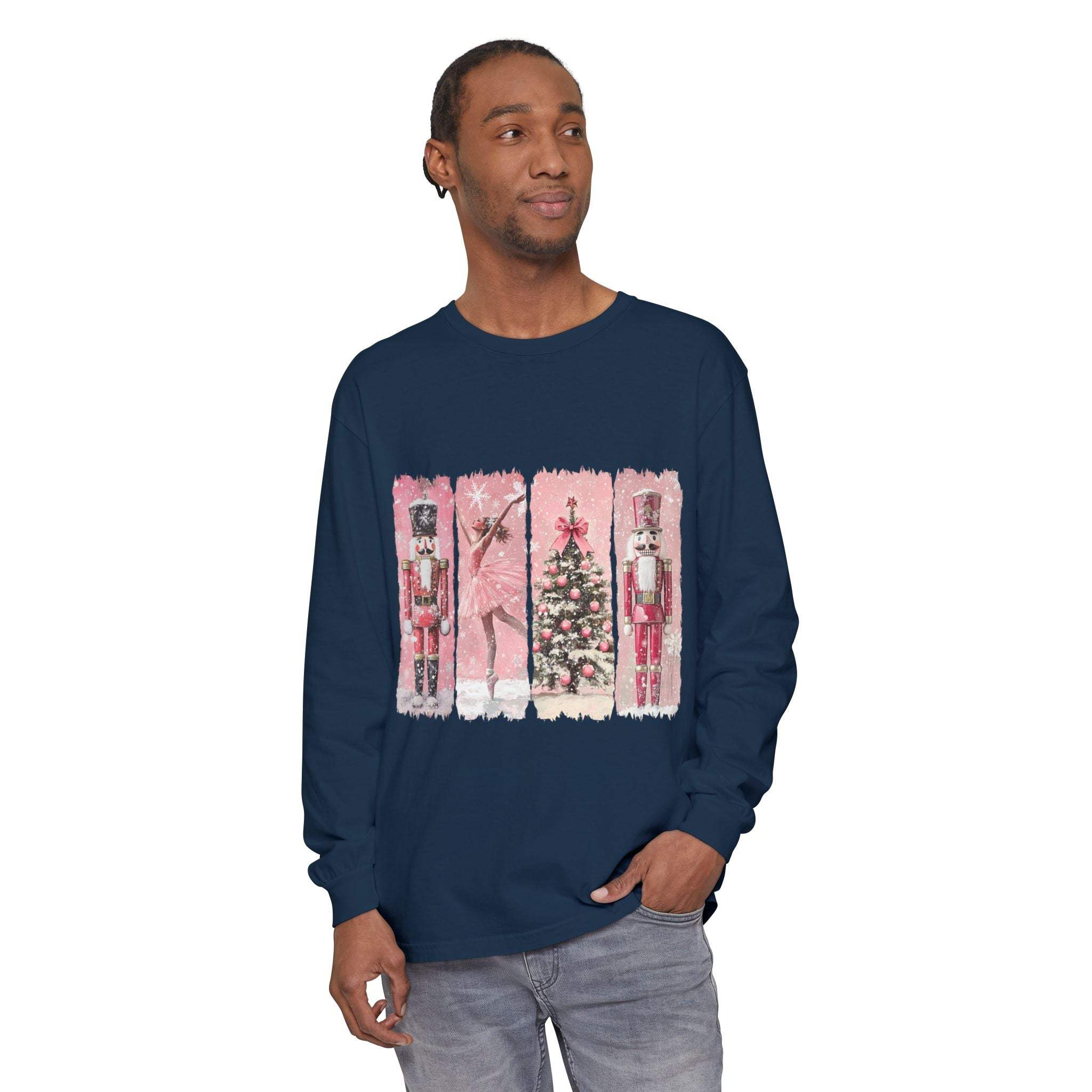 Men's long sleeve t-shirt with pink watercolor Nutcracker Christmas design on navy fabric