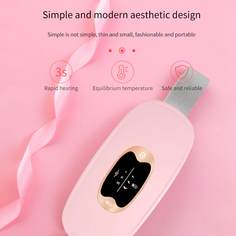 Pink heated menstrual relief vibrating belt with adjustable fit and USB charging