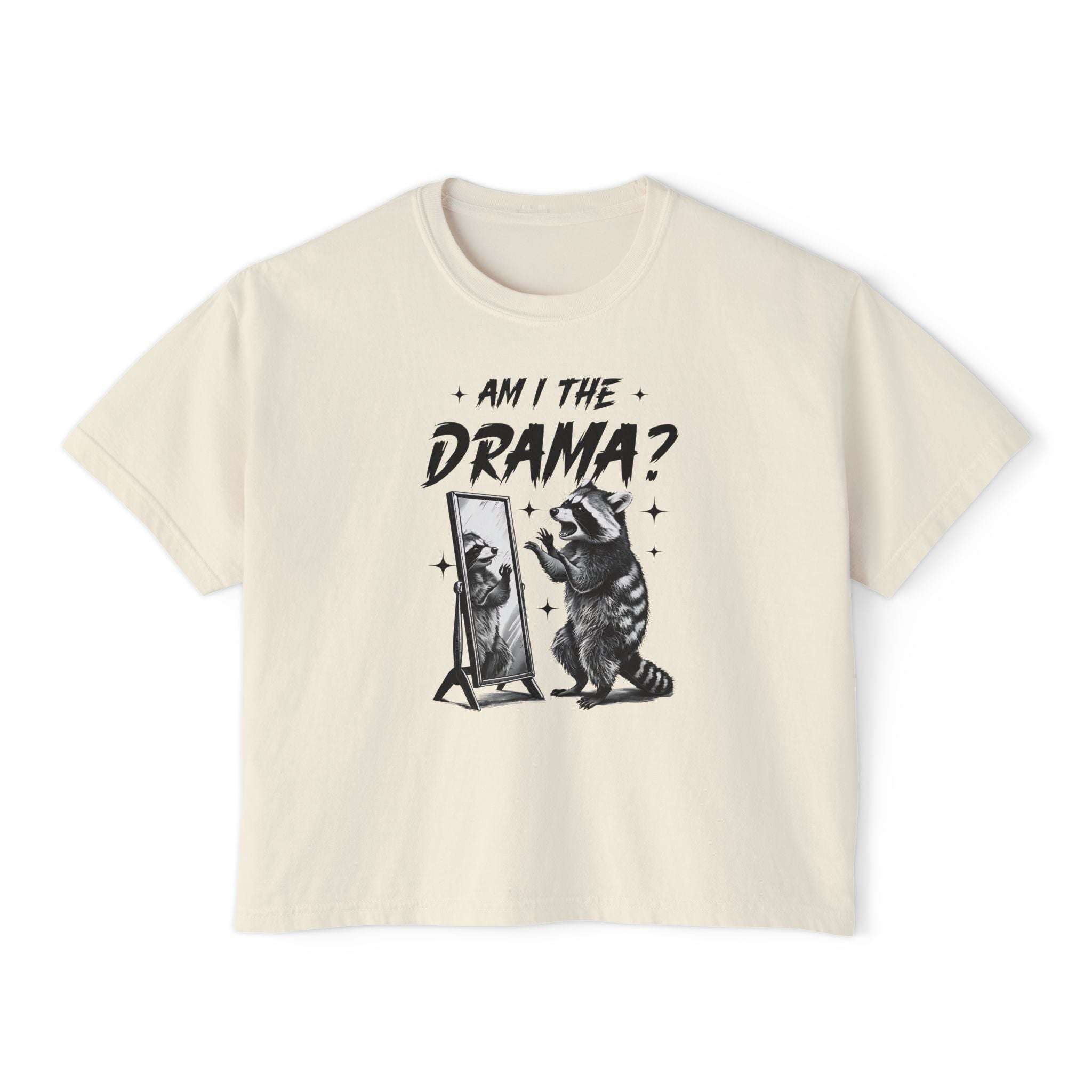Boxy tee in butter color with 'Am I The Drama' statement design, women's casual wear by Printify