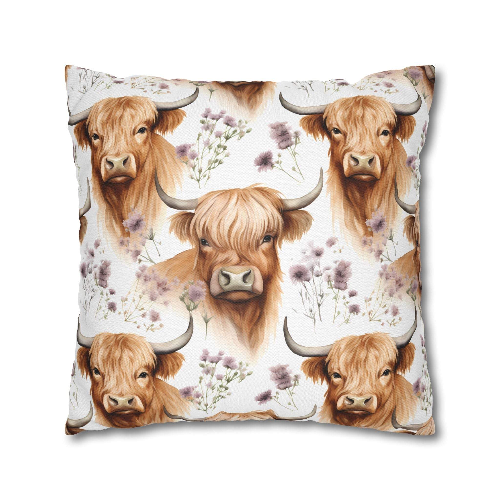 Floral Highland Cow pillowcase with delicate blooms and long-haired cow design on soft fabric