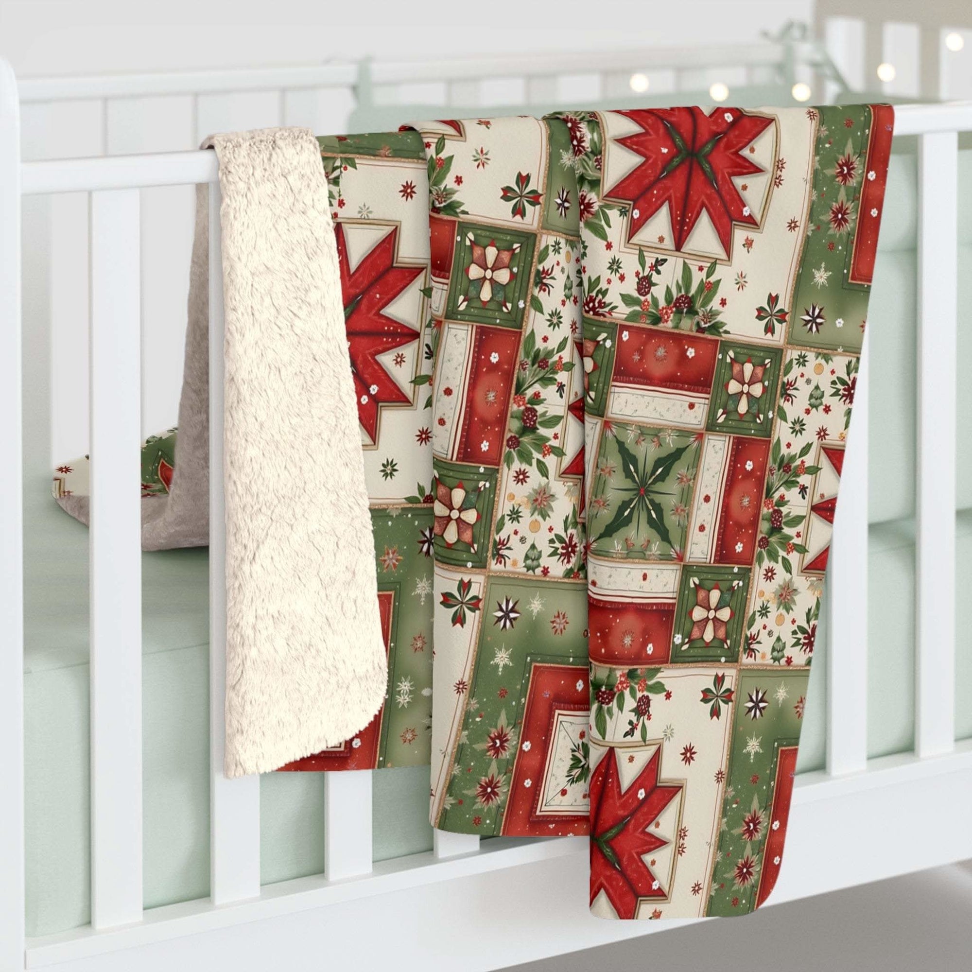 Vintage Christmas Patchwork Sherpa Blanket with plush fleece and nostalgic holiday patchwork design