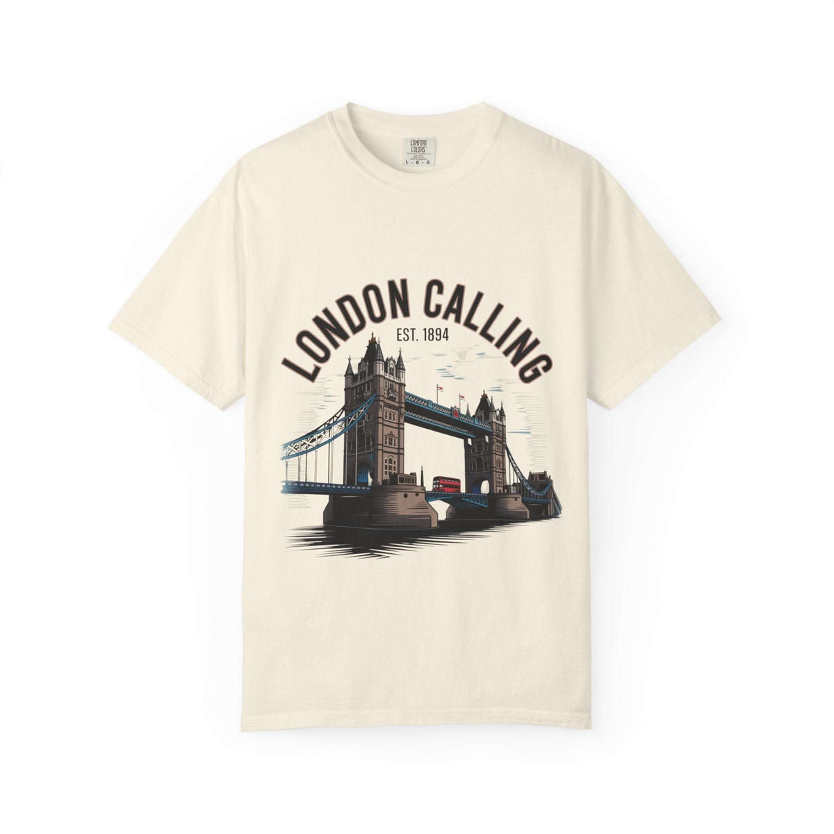 Unisex black garment-dyed t-shirt featuring 'London Calling' design, perfect for travel enthusiasts.