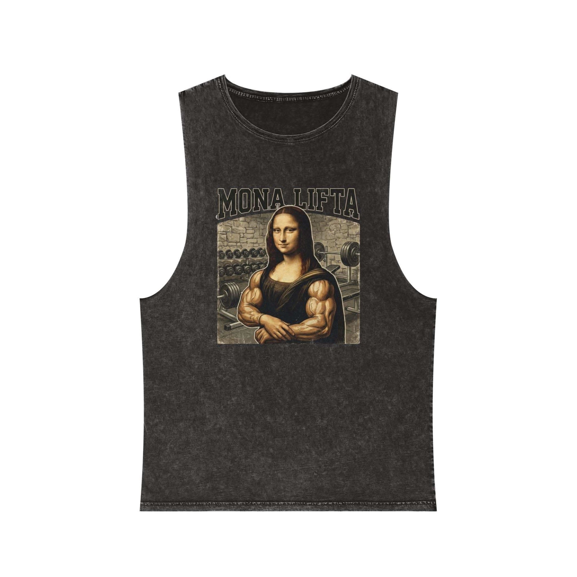 Mona Lifta muscle vintage stonewash tank top featuring buff Mona Lisa gym art design