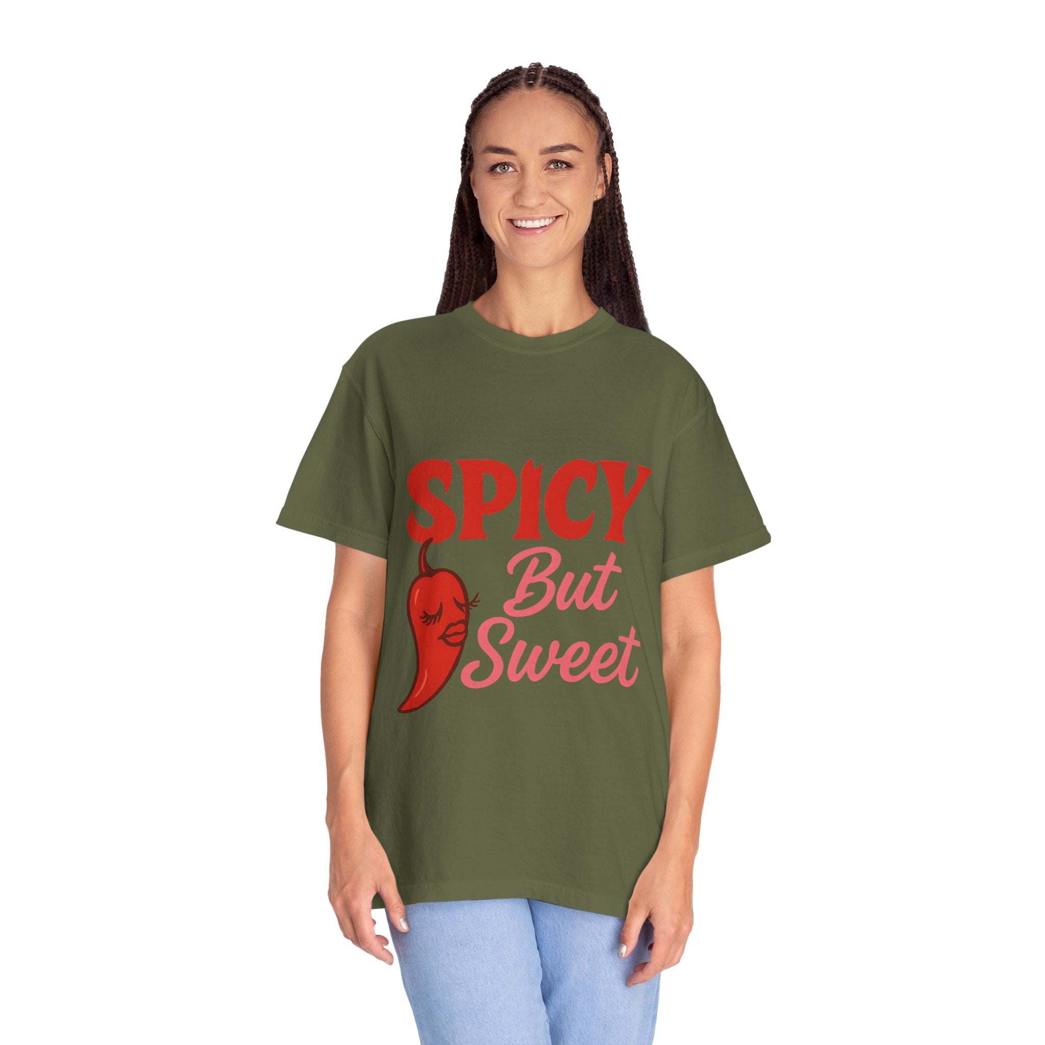 woman wearing olive green spicy but sweet t-shirt with chili graphic unisex garment-dyed tee for foodies