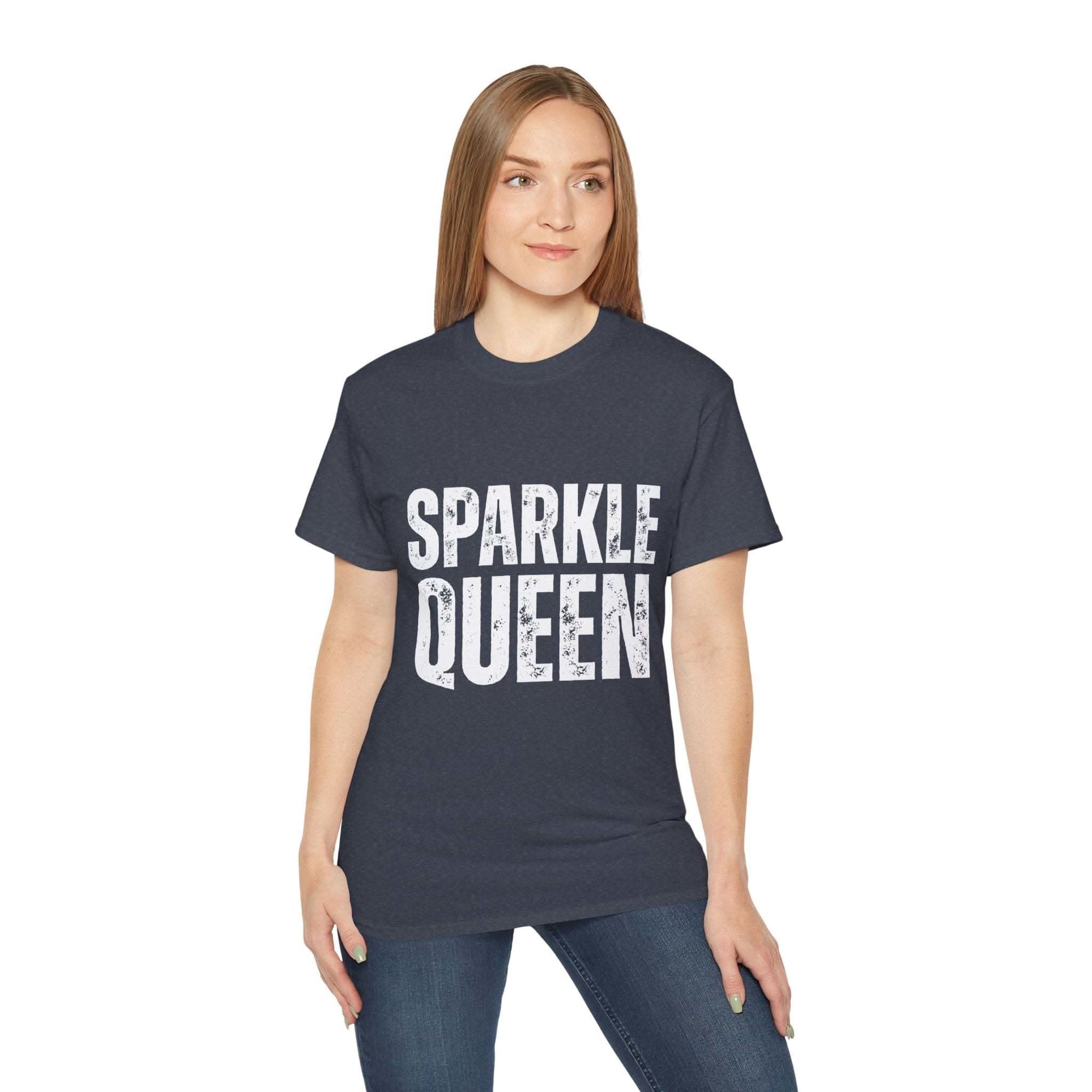 woman wearing navy distressed Sparkle Queen T-Shirt with white text