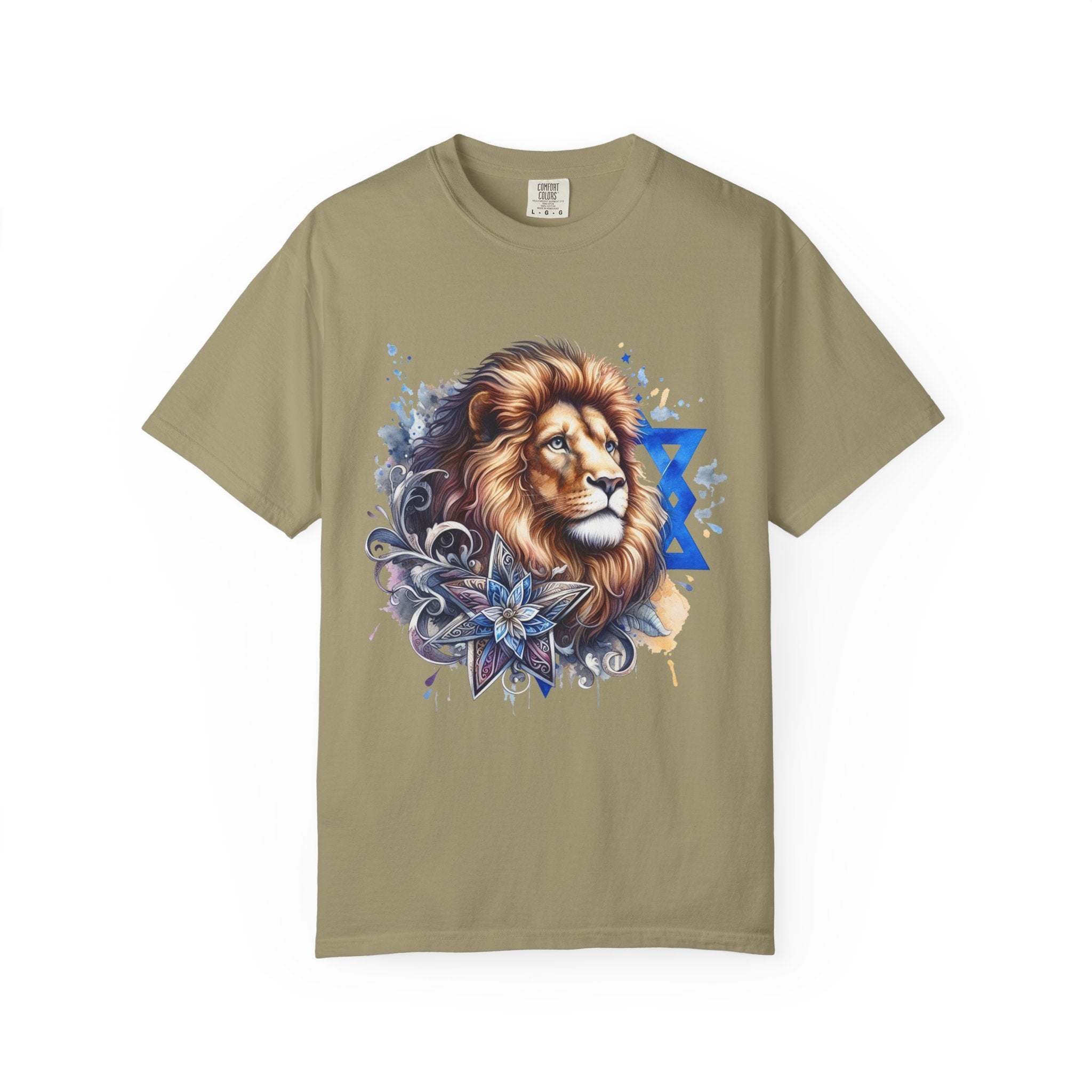 Lion of Judah T-Shirt with bold chest graphic symbolizing Jewish pride and resilience on garment-dyed cotton tee