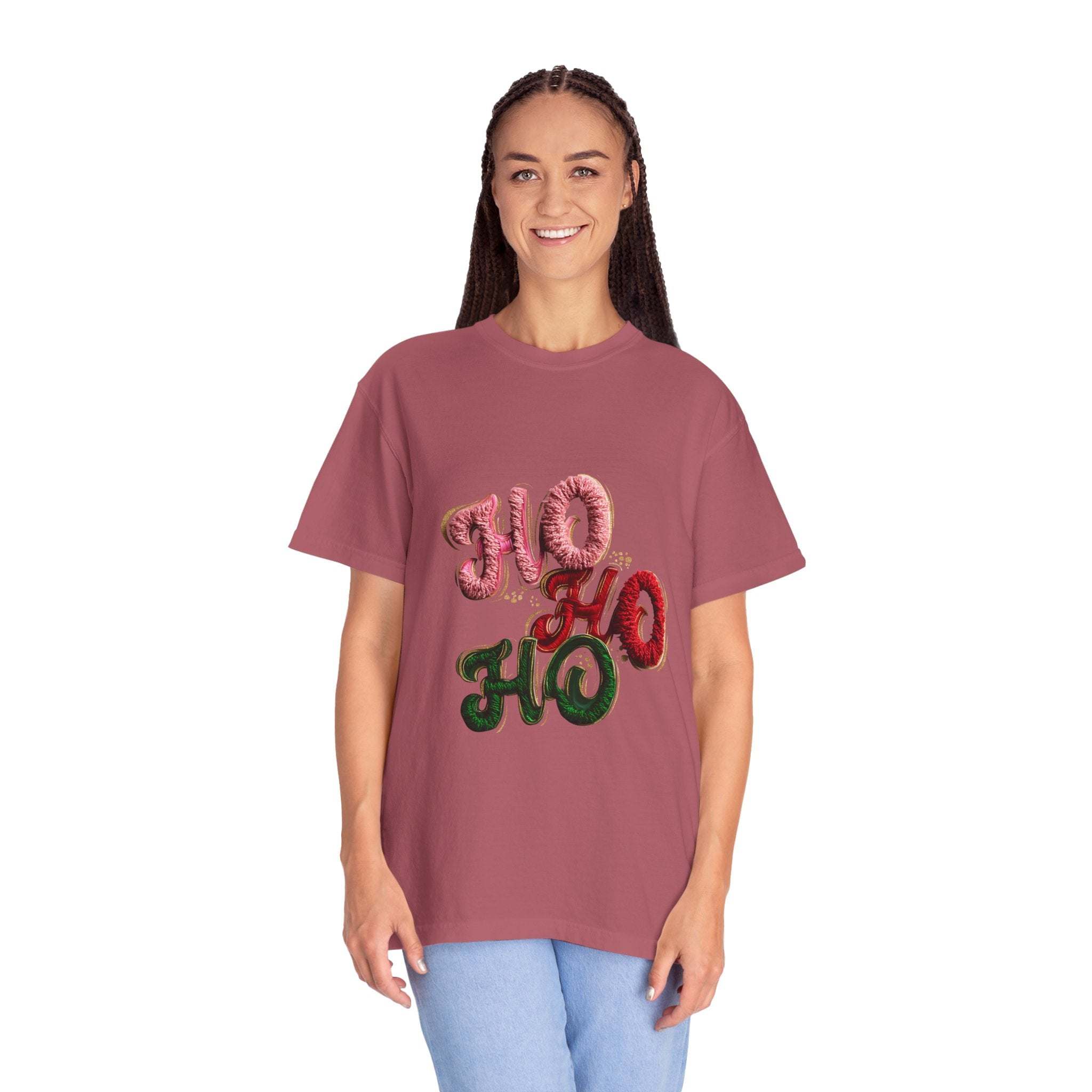 White Christmas graphic tee featuring faux puffy crochet 'Ho, Ho, Ho' design by Printify