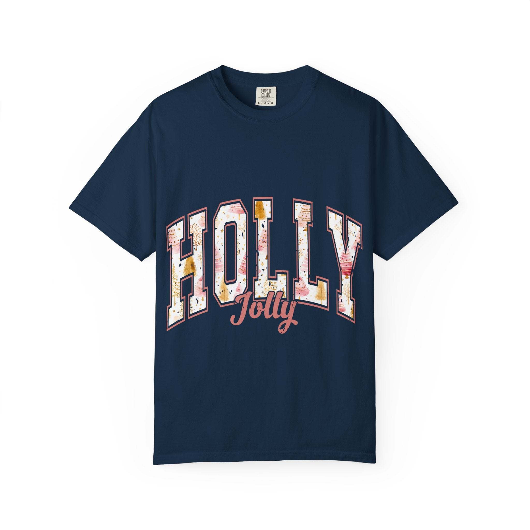 Varsity Holly Jolly T-shirt navy unisex festive garment-dyed cotton tee
