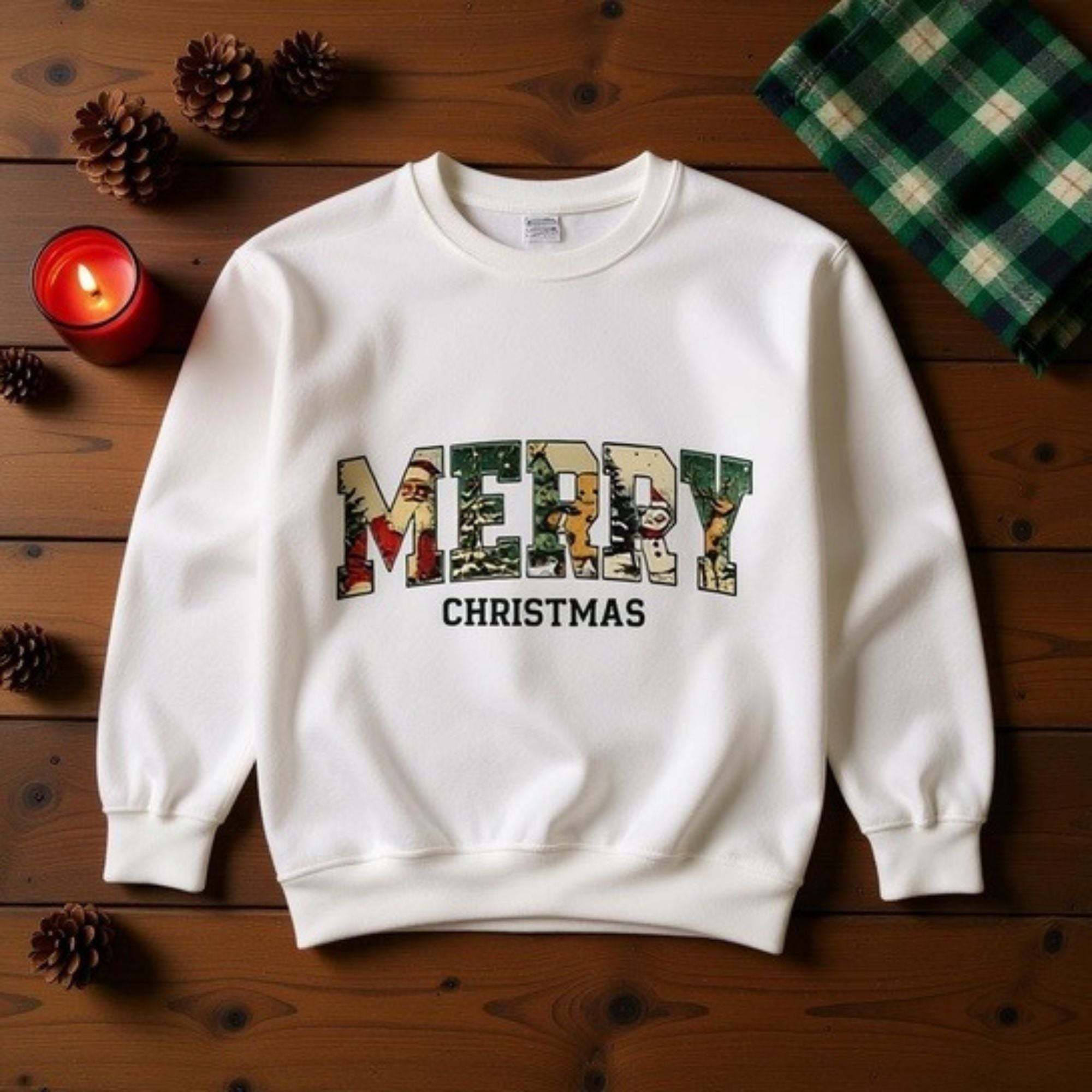 Vintage Varsity Merry Christmas white sweatshirt with festive lettering and cozy fit on wooden background
