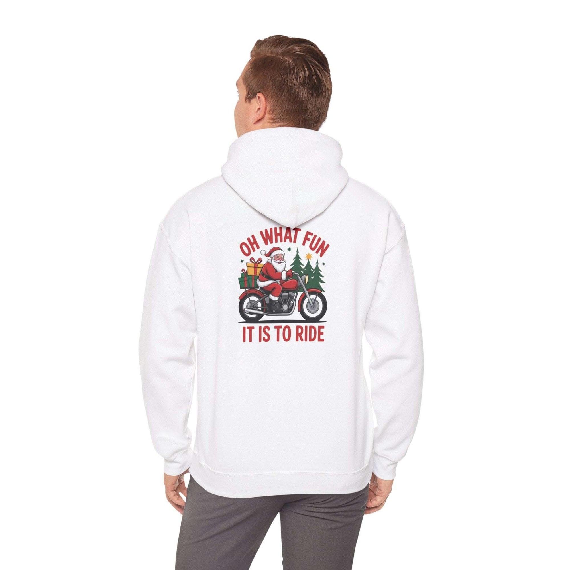 Santa motorcycle hoodie in black, featuring festive graphics, perfect for holiday celebrations and motorcycle enthusiasts.