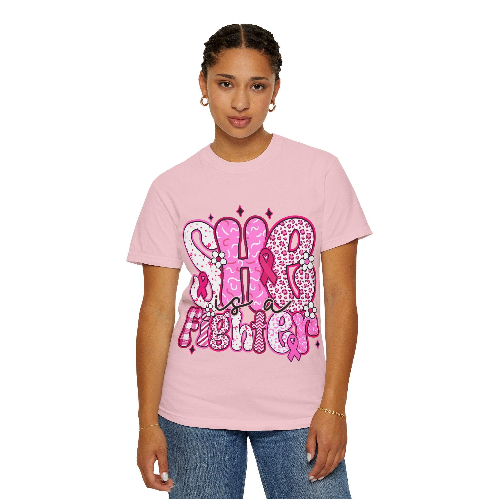Woman wearing pink Fighter Breast Cancer T-shirt with bold support design