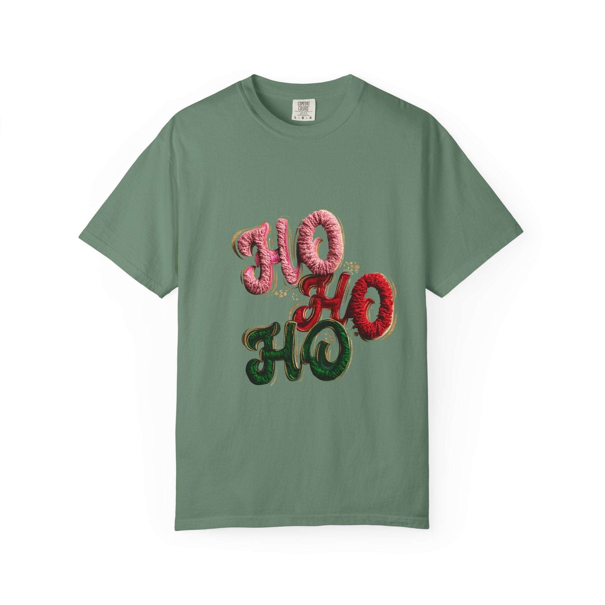 White Christmas graphic tee featuring faux puffy crochet 'Ho, Ho, Ho' design by Printify