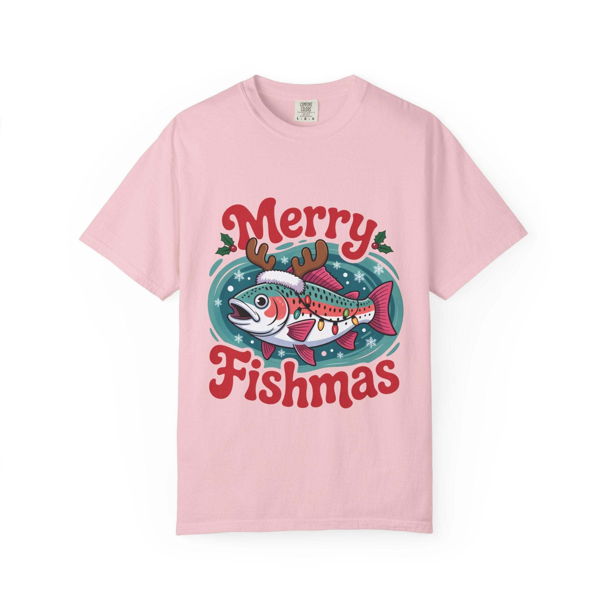 True Navy garment-dyed t-shirt featuring Merry Fishmas design for fishermen, by Printify