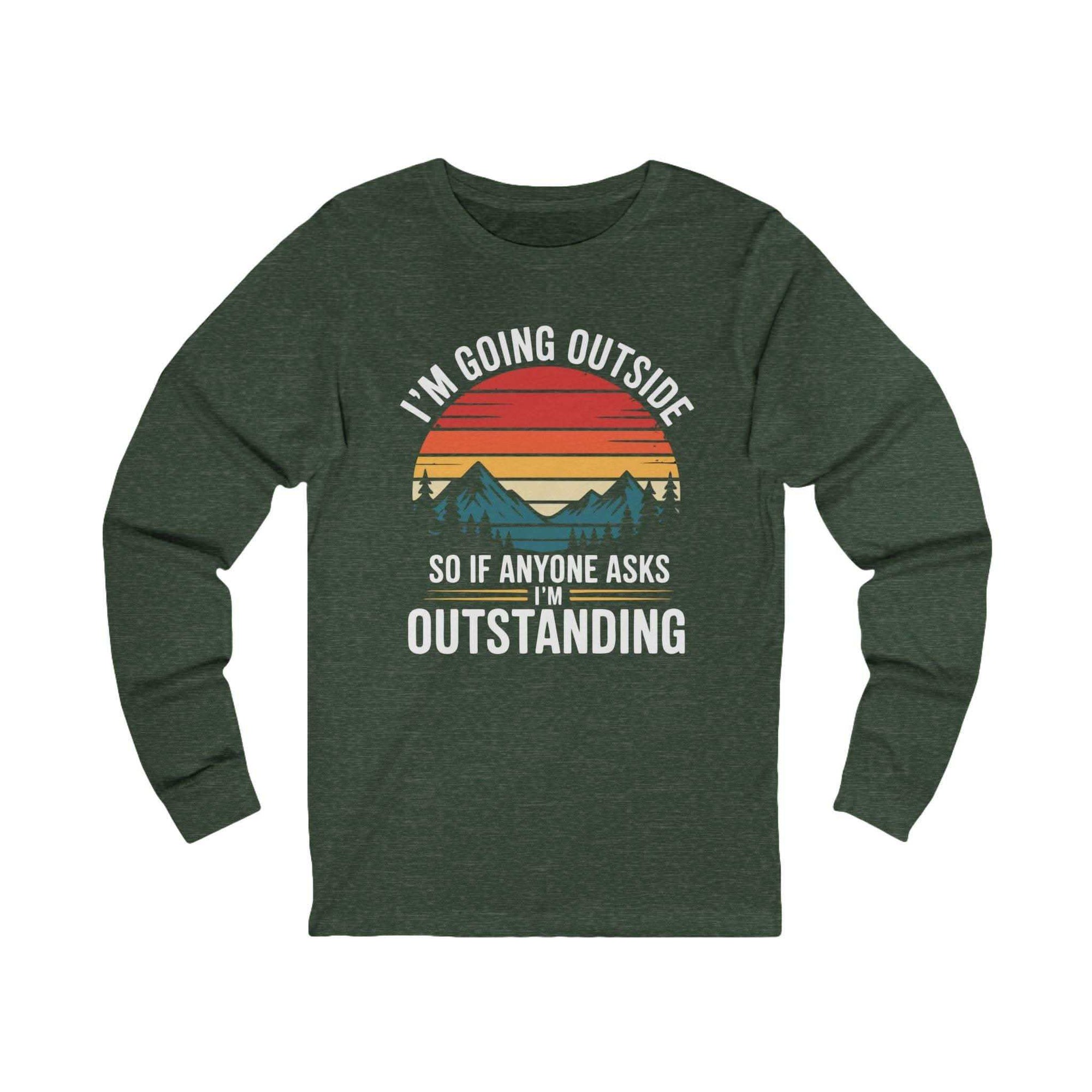 Long sleeve hiking shirt with vintage sunset mountains and outdoor adventure phrase