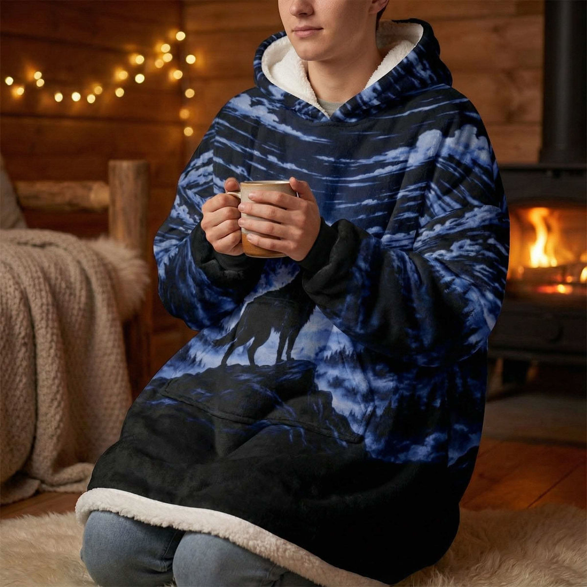 Blue Wolf All Over Print hooded fleece blanket with large pocket