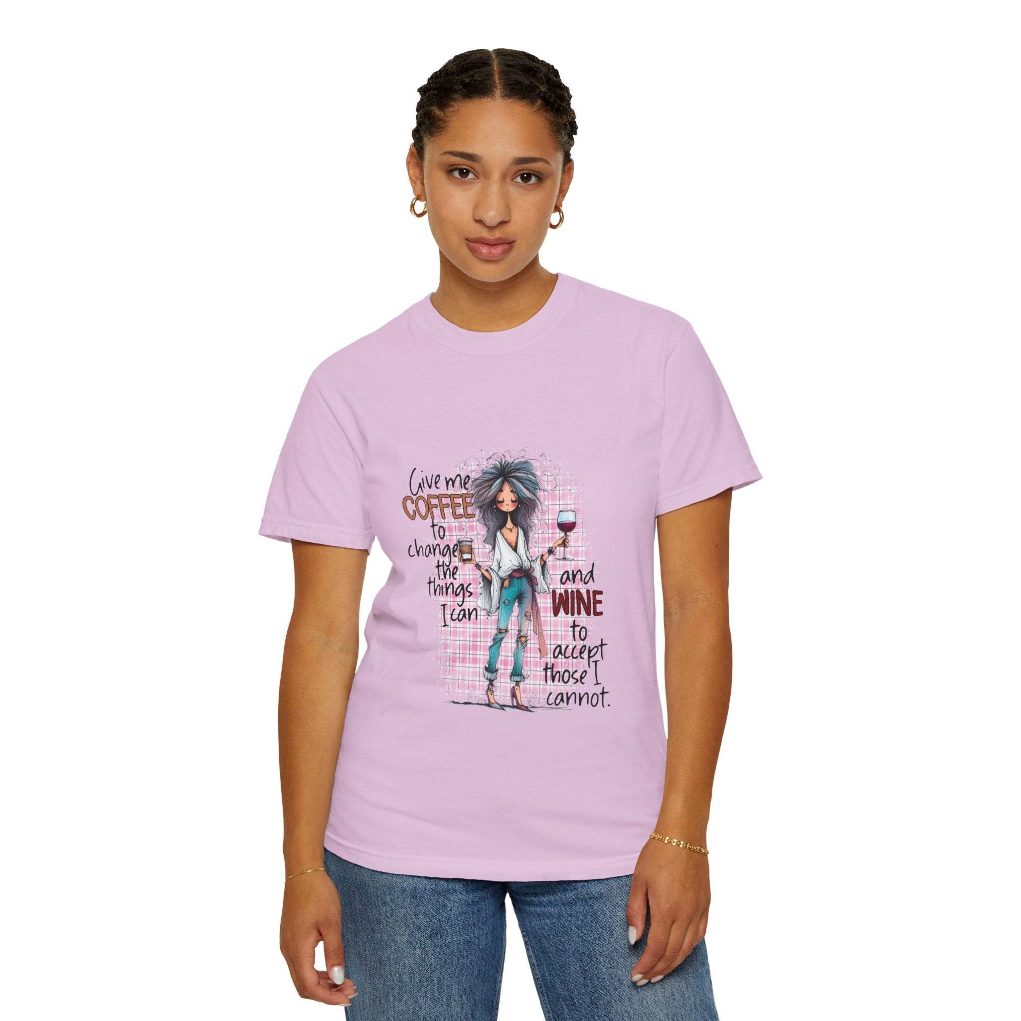 Woman wearing a pink Coffee and Wine unisex T-shirt with a fun quote and graphic design