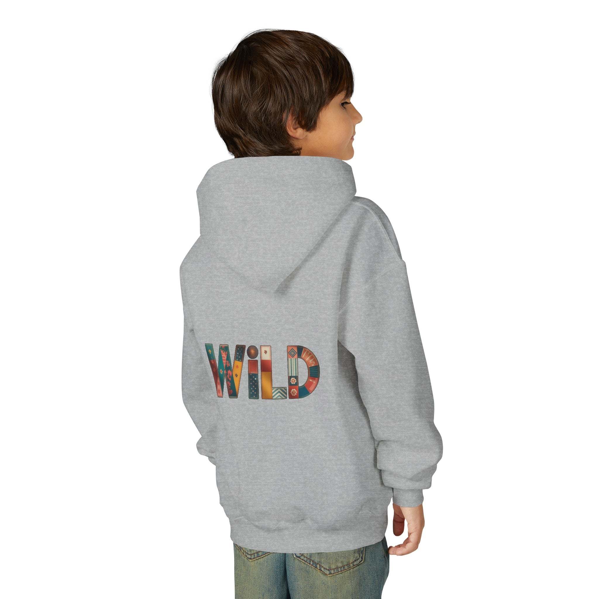 Child wearing grey Patchwork Wild Word Hoodie with colorful "WILD" text on back and kangaroo pocket