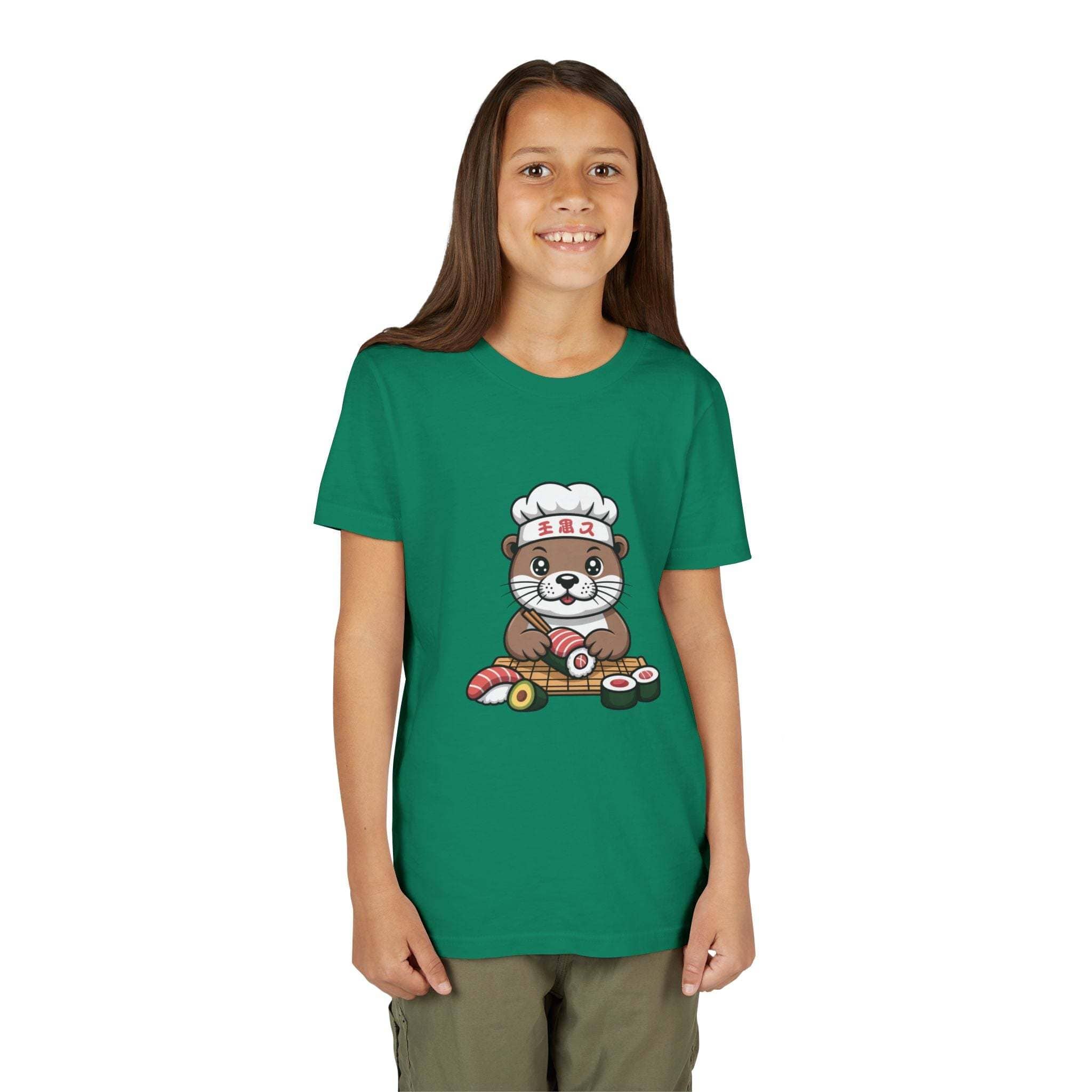 Youth tee featuring cute otter sushi chef graphic for kids in breathable cotton