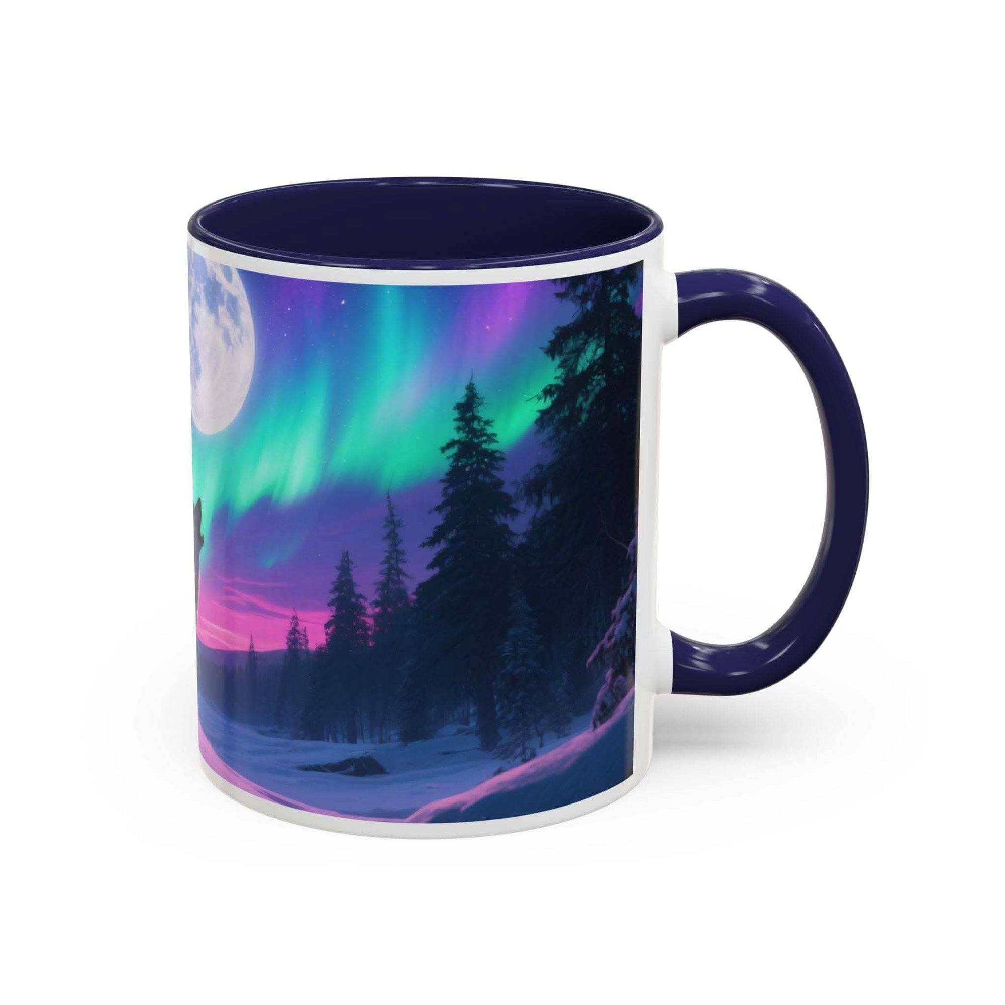 Mug with a design of the Northern Lights over a forest on a white background
