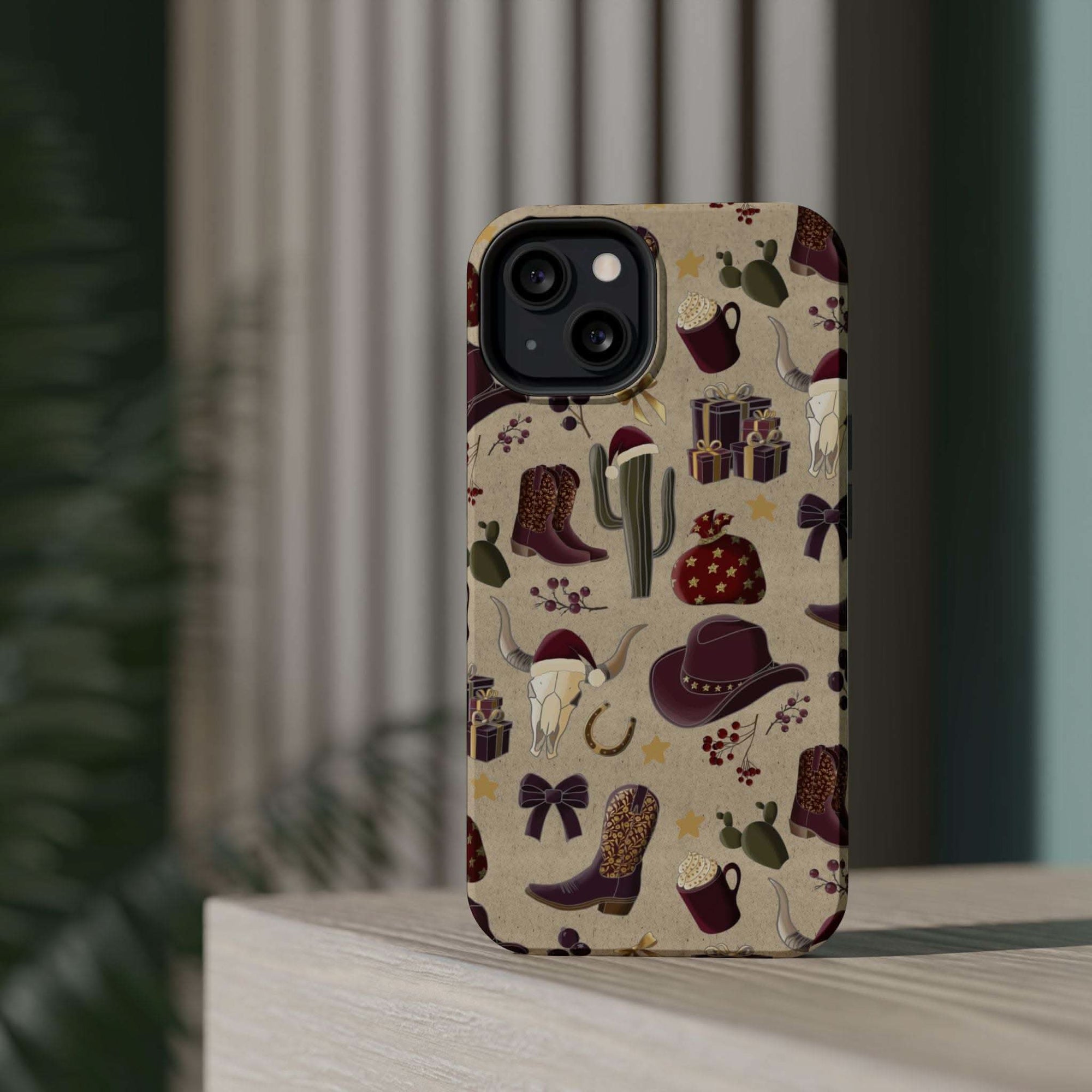 Cowboy Christmas design phone case for iPhone 17 in glossy finish by Printify, featuring festive colors and patterns.
