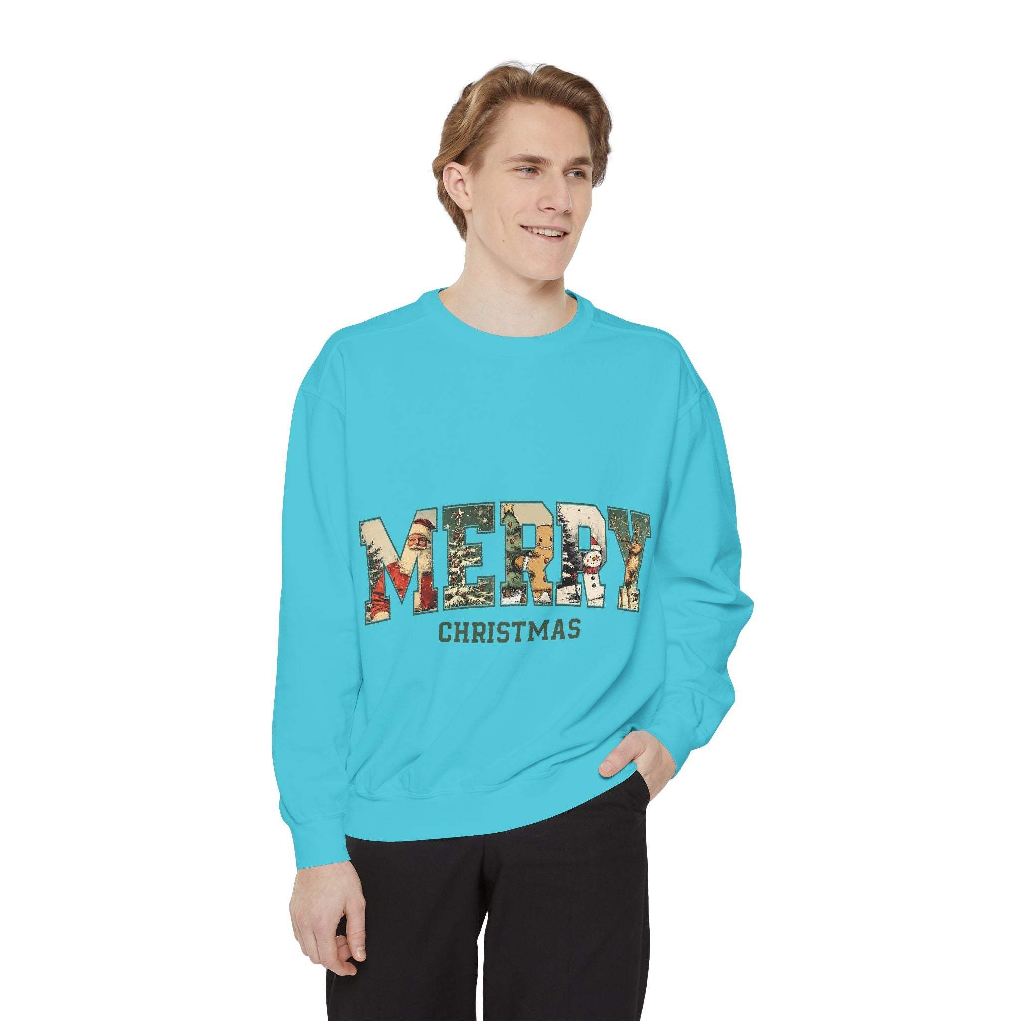 Vintage Varsity Merry Christmas sweatshirt in blue with cozy holiday design and relaxed fit